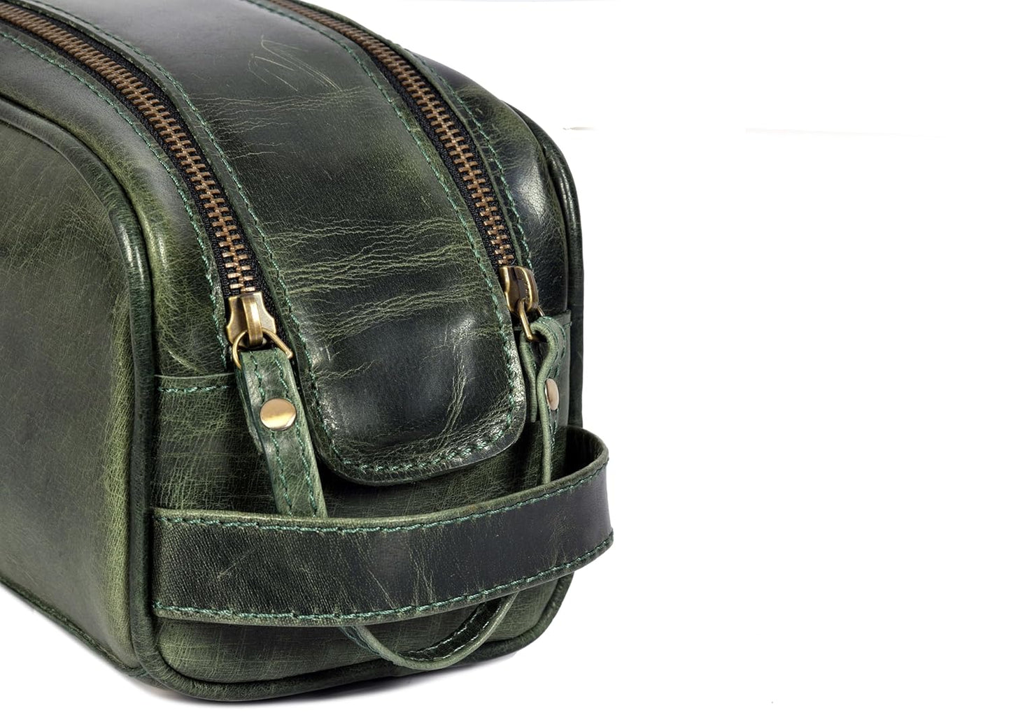 10" Premium Leather Toiletry Travel Pouch With Waterproof Lining | King-Size Handcrafted Vintage Dopp kit By Aaron Leather Goods (Seaweed Green)