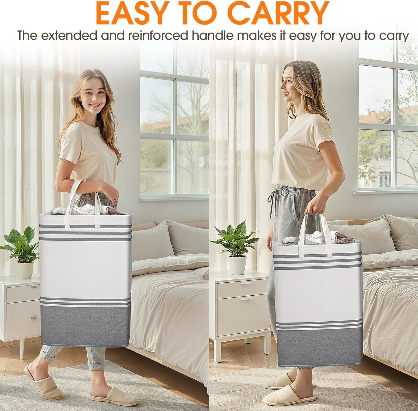 2 Pack Large Laundry Baskets, Laundry Hampers, Freestanding Waterproof Collapsible Clothes Bag with Extended & Reinforced Handles - Clothes Basket for Dorm, Bathroom, Home (Light Grey/75L)