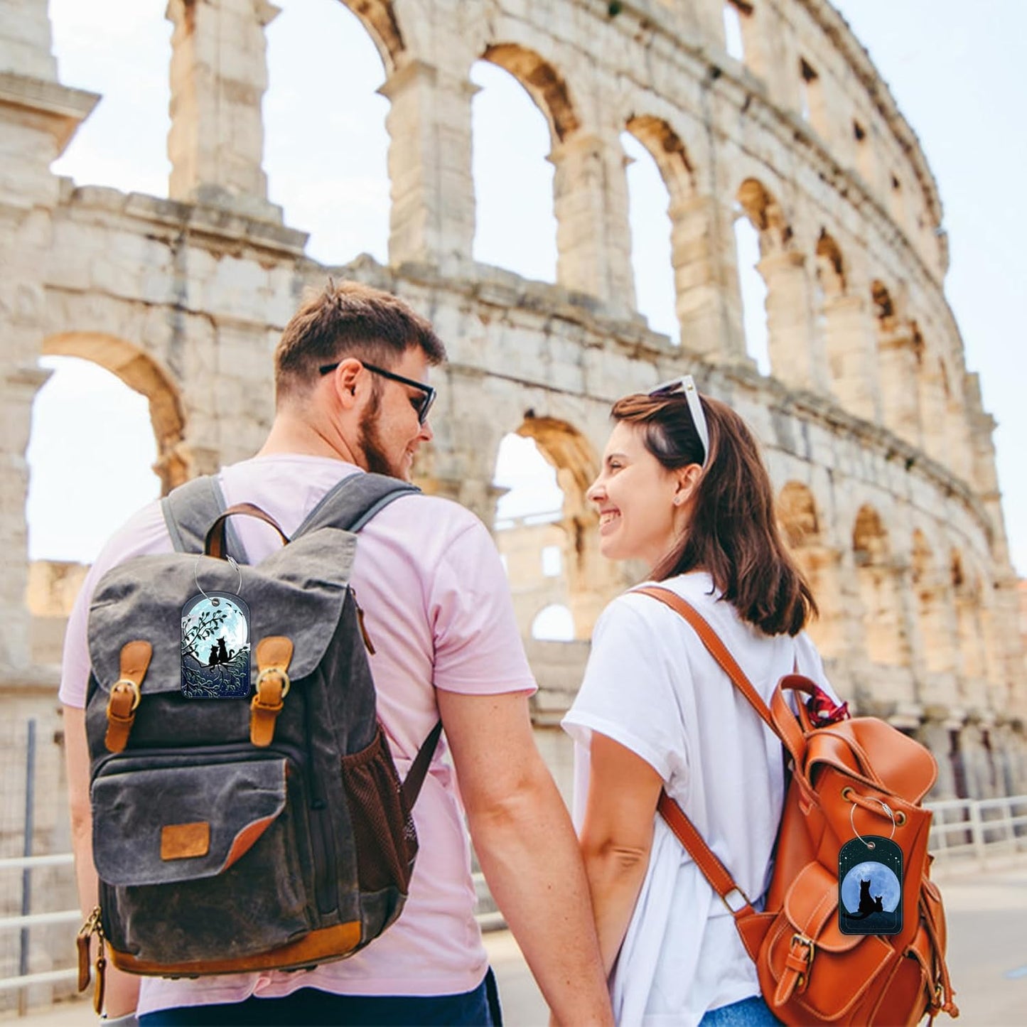 2 Pack Luggage Tag for Suitcase Cat Under The Moon Leather Suitcase Tags with Privacy Name ID Label and Stainless Steel Loop for Travel Bag