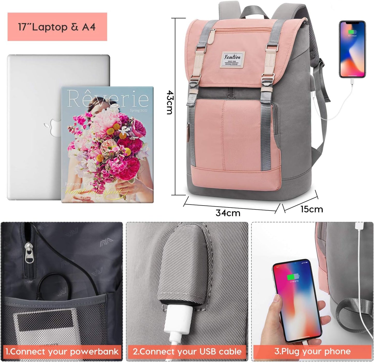 17 Inch Women Backpack School Bags for Teen Girls,College Student Bookbag Computer Backpack with USB Charging Port