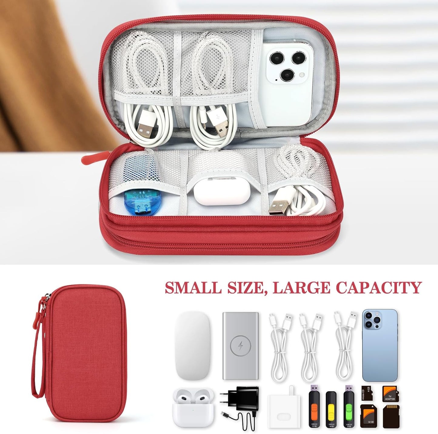 FYY Travel Cable Organizer Pouch Electronic Accessories Carry Case Portable Waterproof Double Layers All-in-One Storage Bag for Cord, Charger, Phone, Earphone Red
