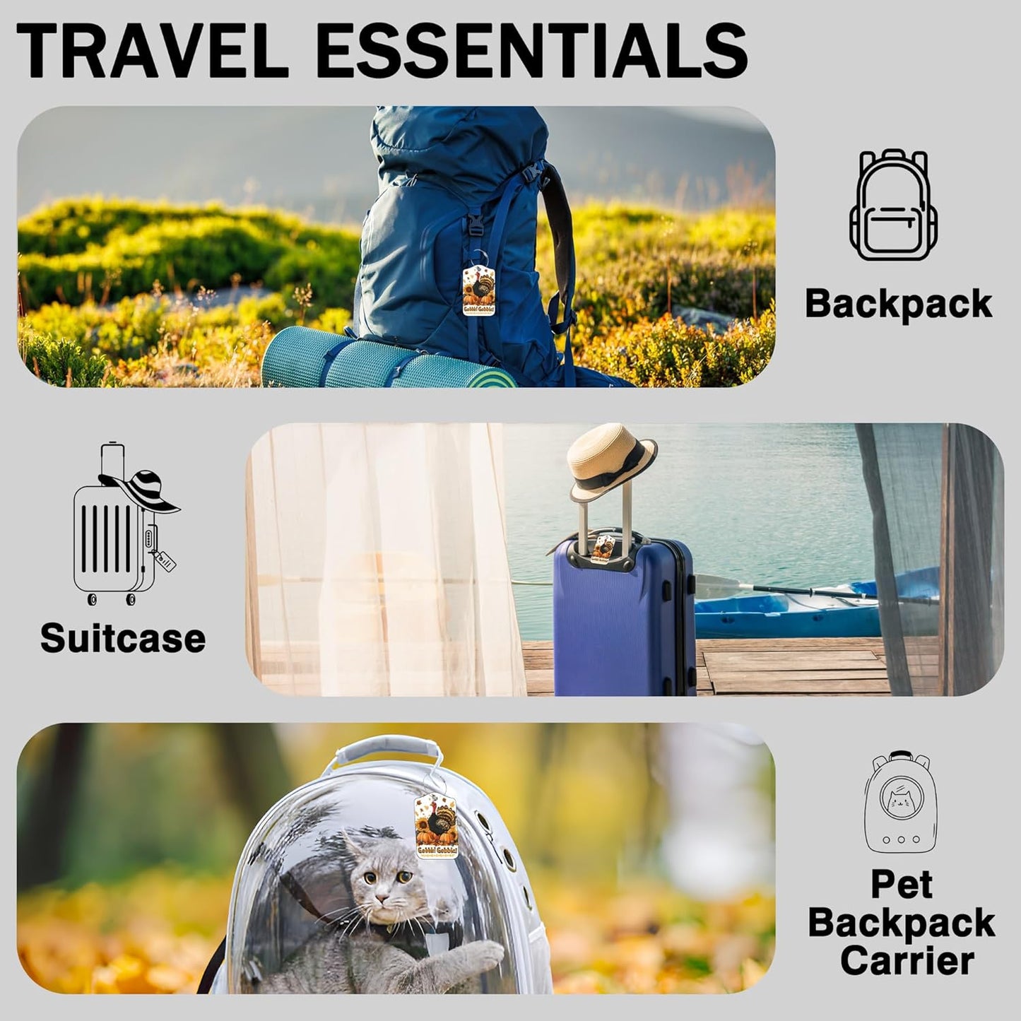 2 Pack Autumn Turkey and Pumpkin Luggage Tags for Suitcases Sunflower Leather Luggage Tags Privacy Cover ID Label with Stainless Steel Loop and Address Card for Women Men Travel Bag Backpack