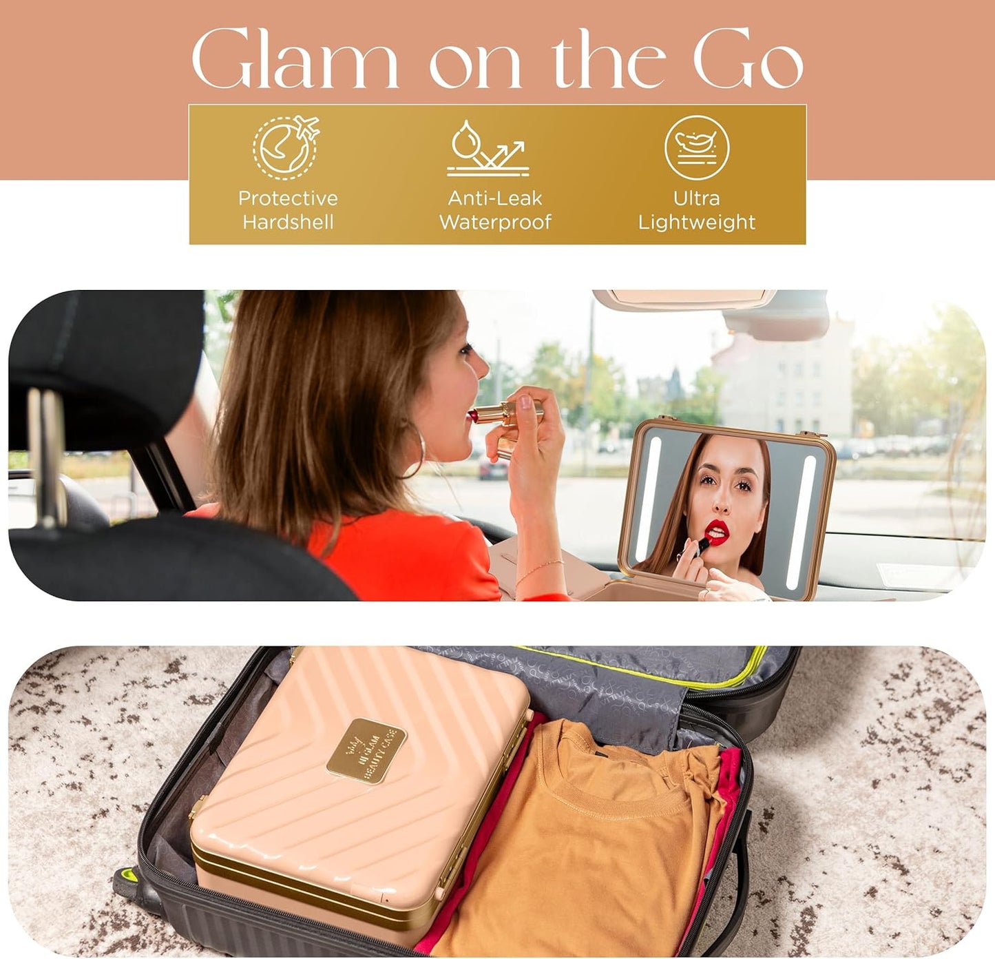 Travel Makeup Case with LED Mirror - Durable Makeup Case with Lighted Mirror with 3 Adjustable Light Settings - Rechargeable Makeup bag with light up Mirror - Mini 10x mirror included