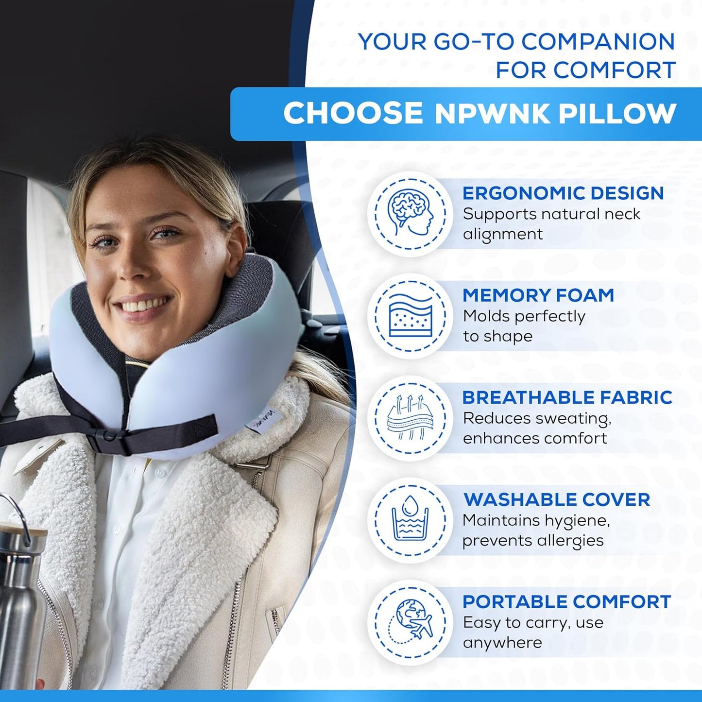 Pure Memory Foam Travel Pillows for Airplanes โ Ergonomic Design with Adjustable Fit, Machine Washable, 3D Eye Mask & Compact Plane Pillow for Traveling โ Grey & Blue