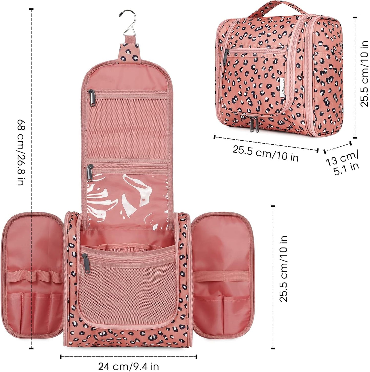 Narwey Hanging Cheetah Toiletry Bag for Women Travel Makeup Bag Organizer Toiletries Bag for Cosmetics Essentials Accessories (Large, Orange Leopard)