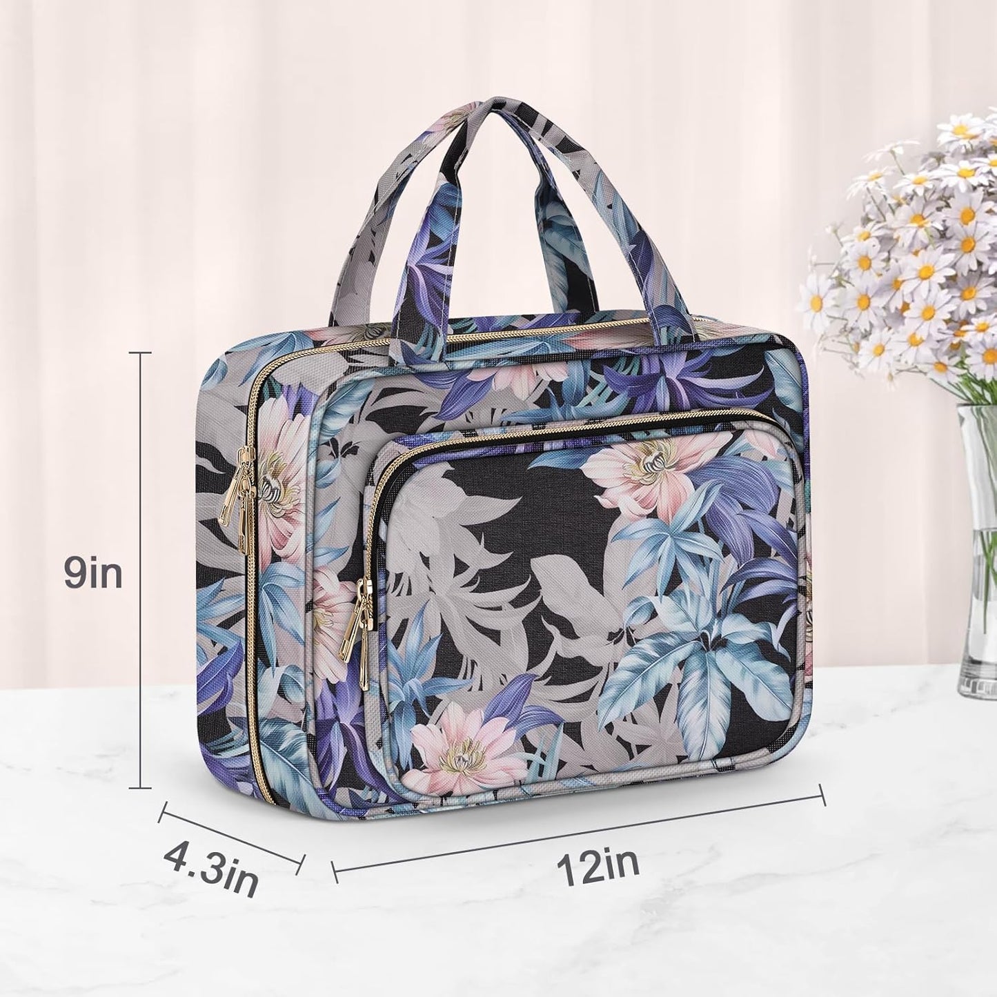 Wedama Toiletry Bag for Women, Large Cosmetic Travel Bag, Hanging Toiletry Bag for Bathroom, PVC Waterproof Makeup Bag, Toiletries Bag for Travel Business Trips and Camping, Black+Brown Floral