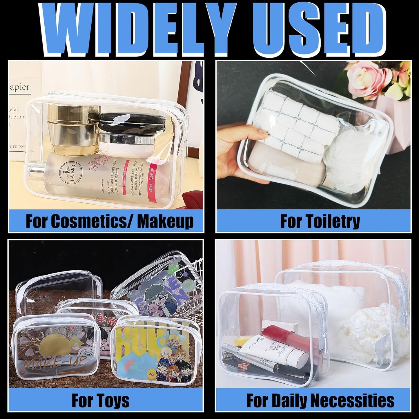 3 Pack Clear Makeup Bags, Waterproof Toiletry Bag with Zipper, Transparent Travel Cosmetic Bag, TSA Approved Clear Organizer Bags, PVC Cosmetic Pouch Case for Vacation Airport Airline Compliant