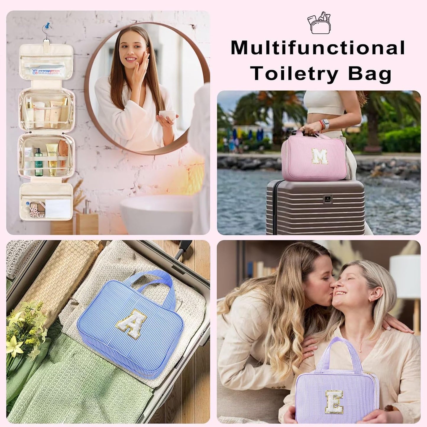 TOPEAST Hanging Toiletry Bag for Women - Travel Toiletry Bag Makeup Bag, Portable Toiletries Cosmetic Bag, Airplane Travel Essentials - Letter W, Pink