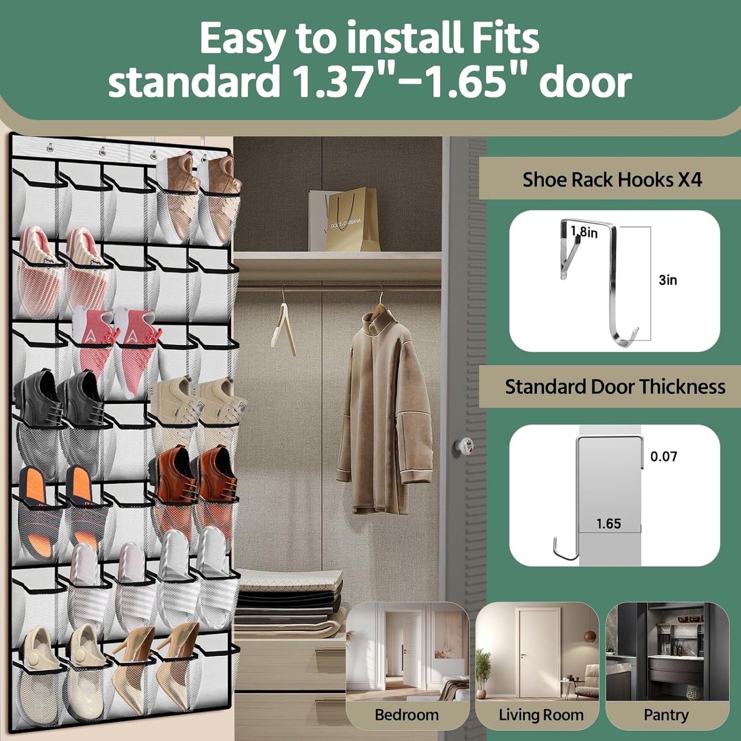 35 Pocket Over the Door Shoe Organizer,Reusable Breathable Large Mesh Bag Men's & Women's Sneaker Organizer,Shoe Organizer for Kids,Hanging Shoe Storage Hanging Bag (White)