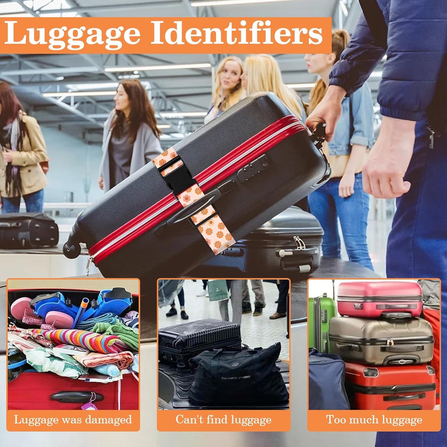 Luggage Straps for Suitcases TSA Approved, Luggage Identifiers for Suitcase, Adjustable Suitcase Strap for Baggage Security with Cute Patten, Travel Necessary Accessories 2Pack (Orange Flower)