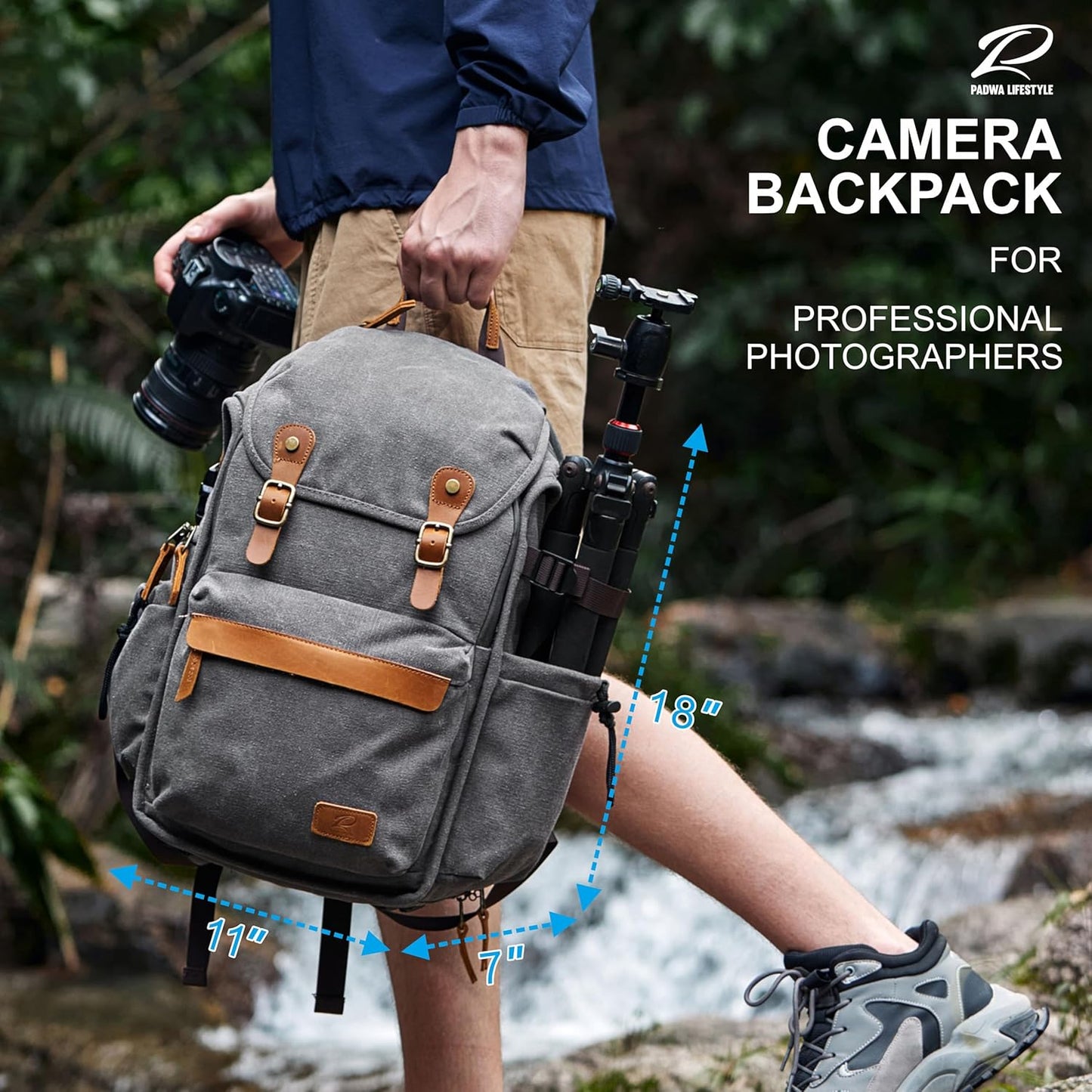 Padwa Lifestyle Gray Camera Backpack - Professional DSLR & UAV Camera Bag,Anti Theft Canvas Camera Backpack with Rain Cover,Large Capacity Photography Travel Camera Bag with Multi Compartments