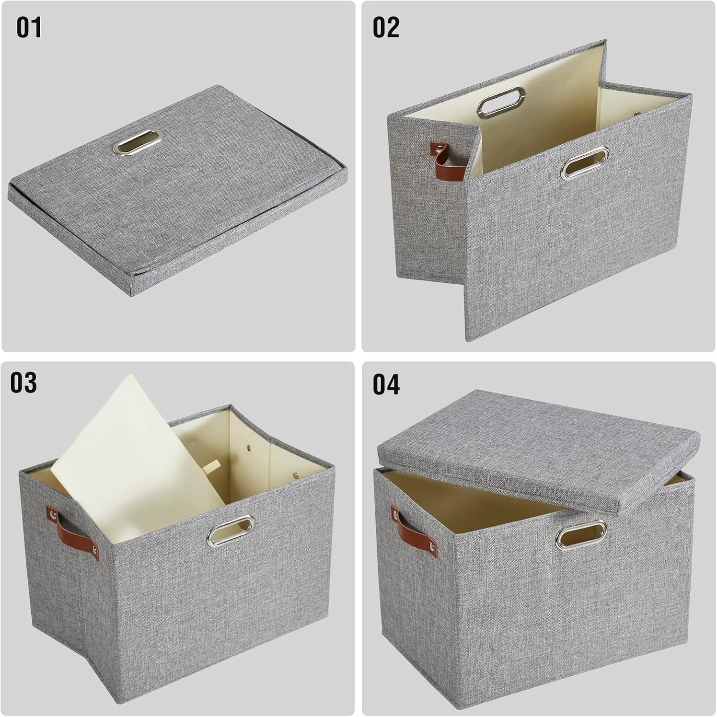 17" Large Collapsible Storage Bins with Lids, Stackable Closet Organizers with PU Handle and Labels, 3-Pack Decorative Fabric Storage Boxes for Home, Bedroom, Closet, Office, Nursery(Gray)