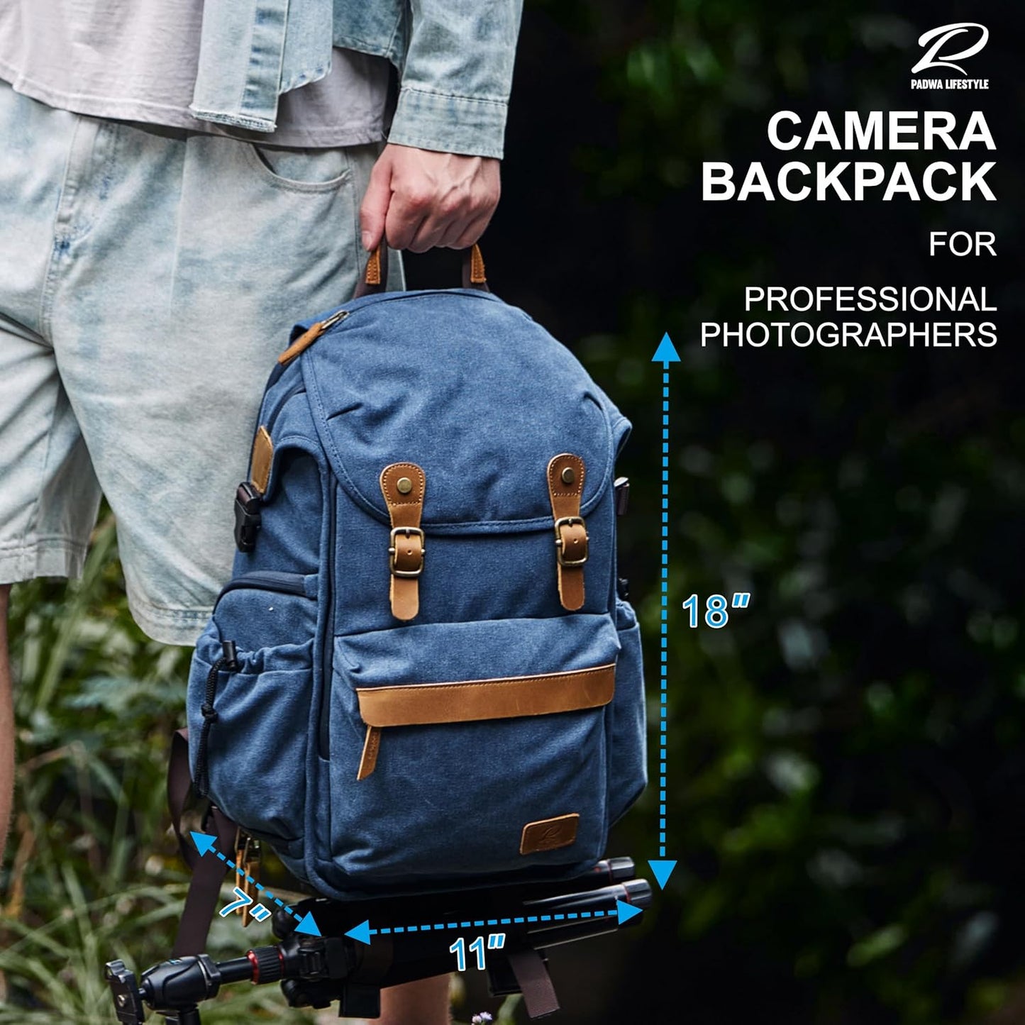 Padwa Lifestyle Blue Camera Backpack - Professional DSLR & UAV Camera Bag,Anti Theft Canvas Camera Backpack with Rain Cover,Large Capacity Photography Travel Camera Bag with Multi Compartments