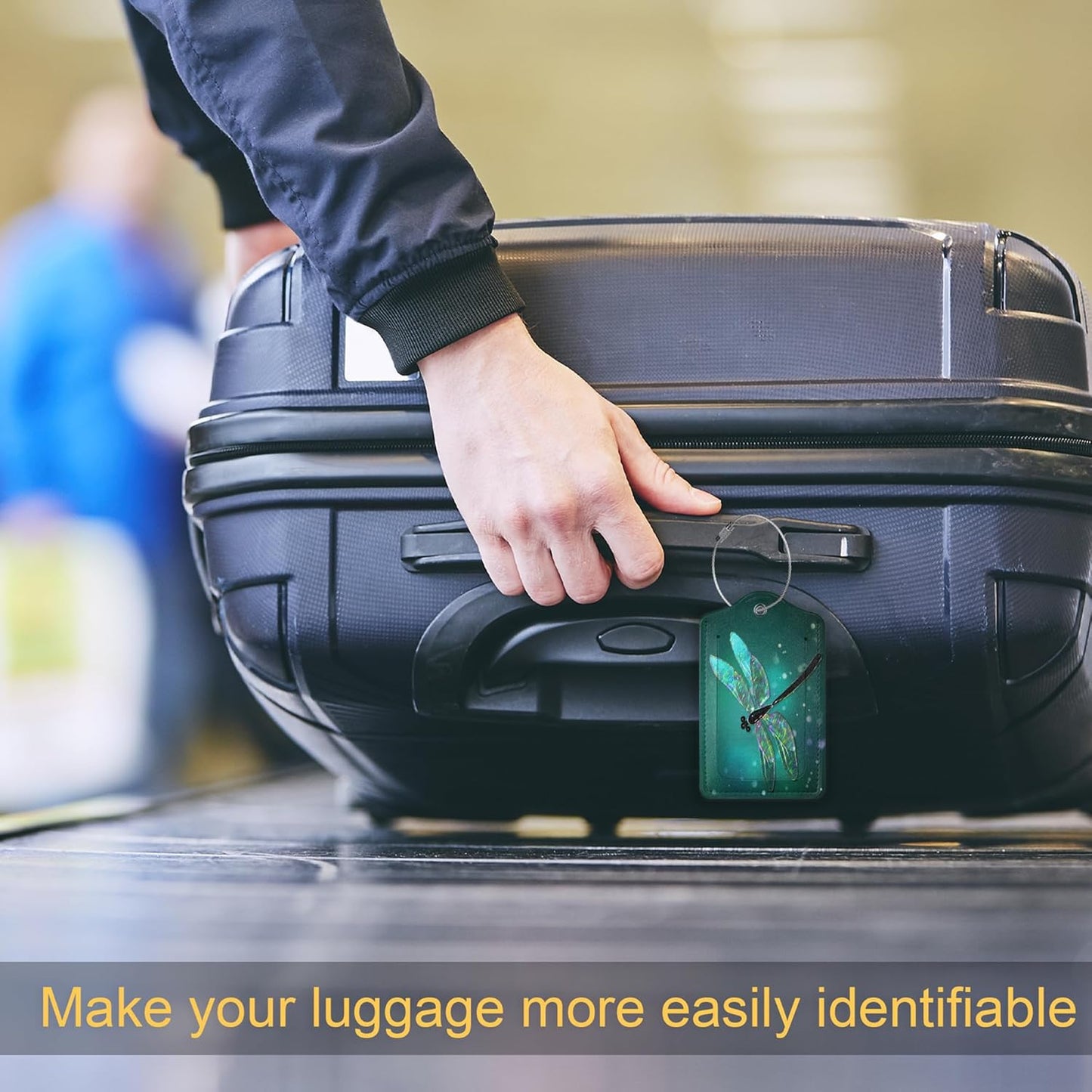 2 Pack Luggage Tag for Suitcase, Dragonfly Leather Suitcase Tags Identifiers with Privacy Name Address Labels & Durable Steel Loop for Women/Men Travel Fantasy Green Dragonfly