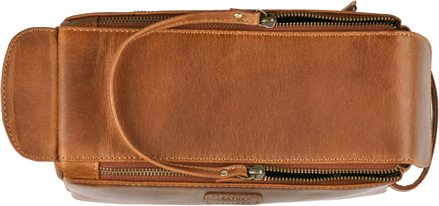 LEATHER VILLAGE Premium Leather Travel Toiletry Bag - Unisex Water-Resistant Travel Dopp Kit, Shaving & Cosmetic Organizer for Men & Women - Compact Bathroom Essentials - Tan Brown