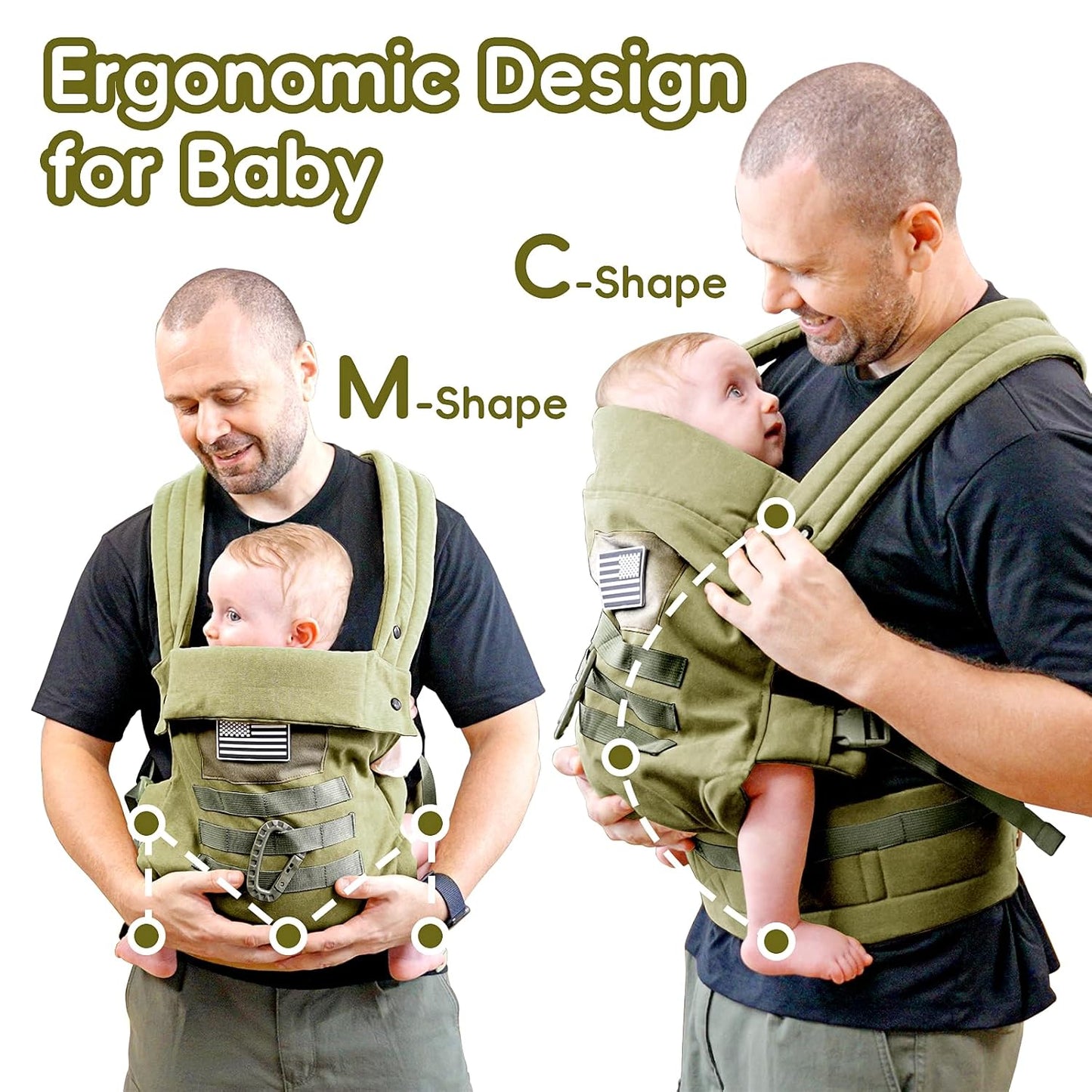 Baby Carrier, Lumbar Support Infant Carrier (0-36M, 8-33 lbs) with Foldable Headrest Carabiners for Big and Tall Parents, Men, Women (Green)