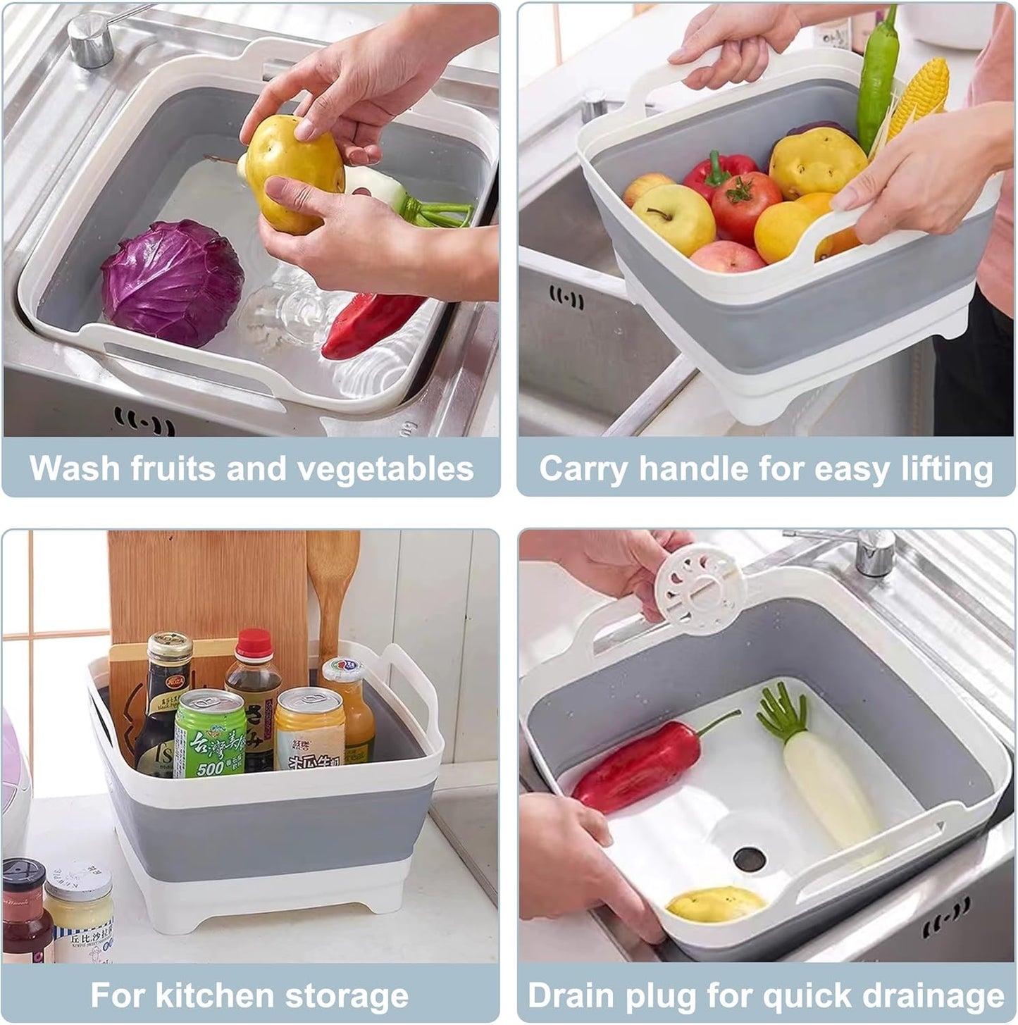 2.4 Gal(9L) Collapsible Dish Basin with Drain Plug - Multiuse Foldable Wash Basin for Baby Bottles, Space-Saving Multiuse Dish Tub, Kitchen Sink for Camping, Dishes Washing, RV (Gray)