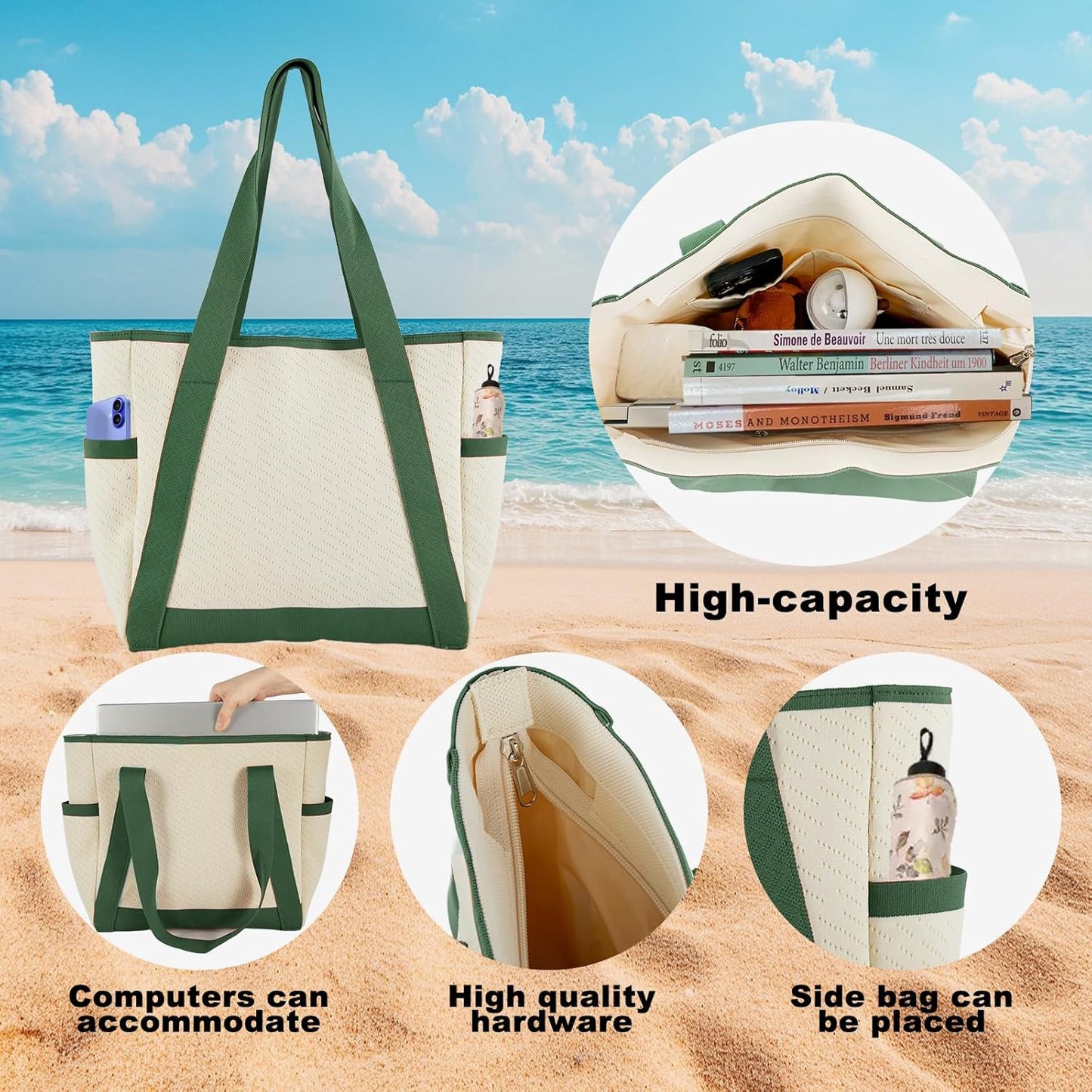 Large Canvas Tote Bag,White and Green, with Laptop Sleeve and Multiple Pockets