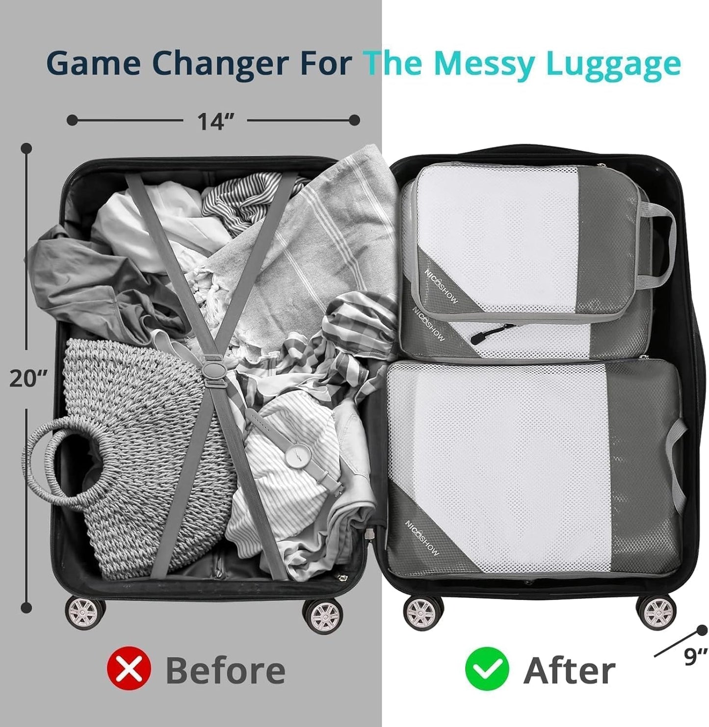 3 Set Compression Packing Cubes for Travel - Compressible, Lightweight, and Space-Saving Packing Cubes, Travel Essentials for Women, Grey