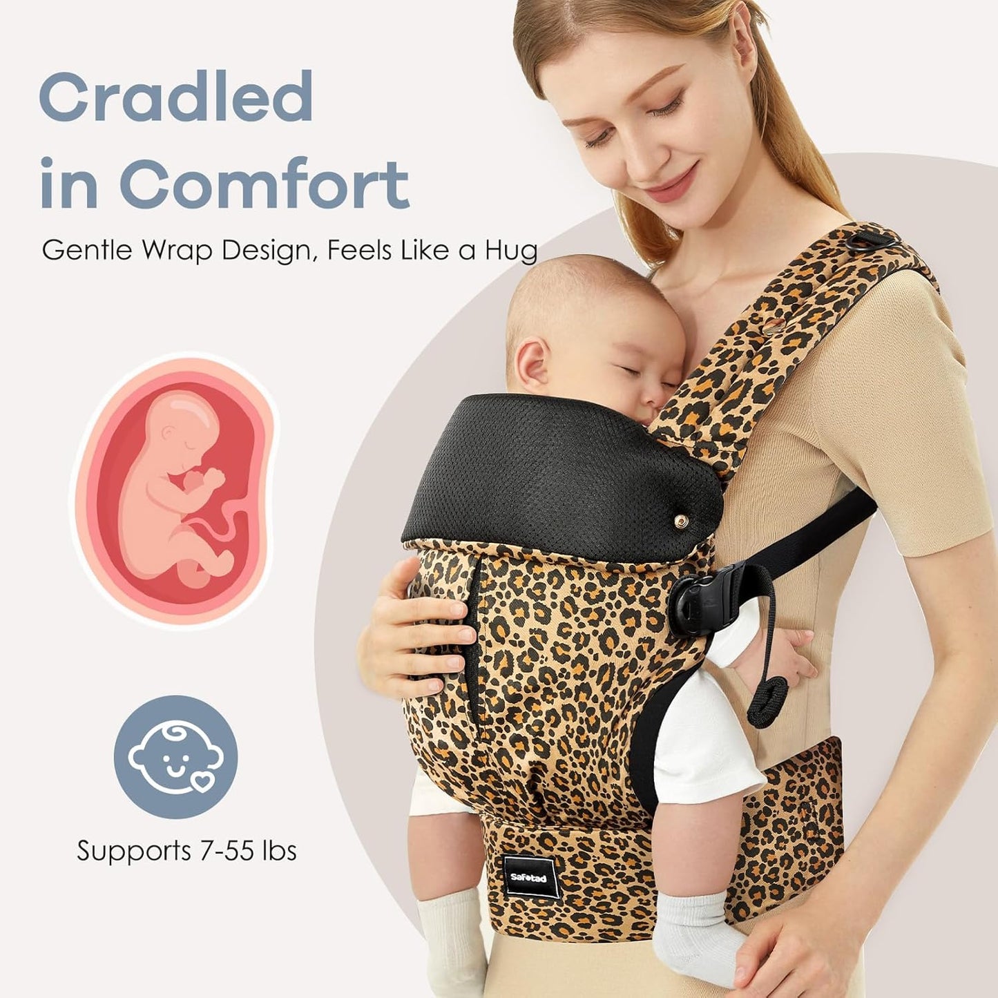 Baby Carrier with Lumbar Support, Cozy Baby Carrier Newborn to Toddler with Adjustable Seat Size, Ergonomic Infant Carrier with 3-Way Carry, Front Facing Toddler Hodler Carrier for Mom & Dad, Leopard