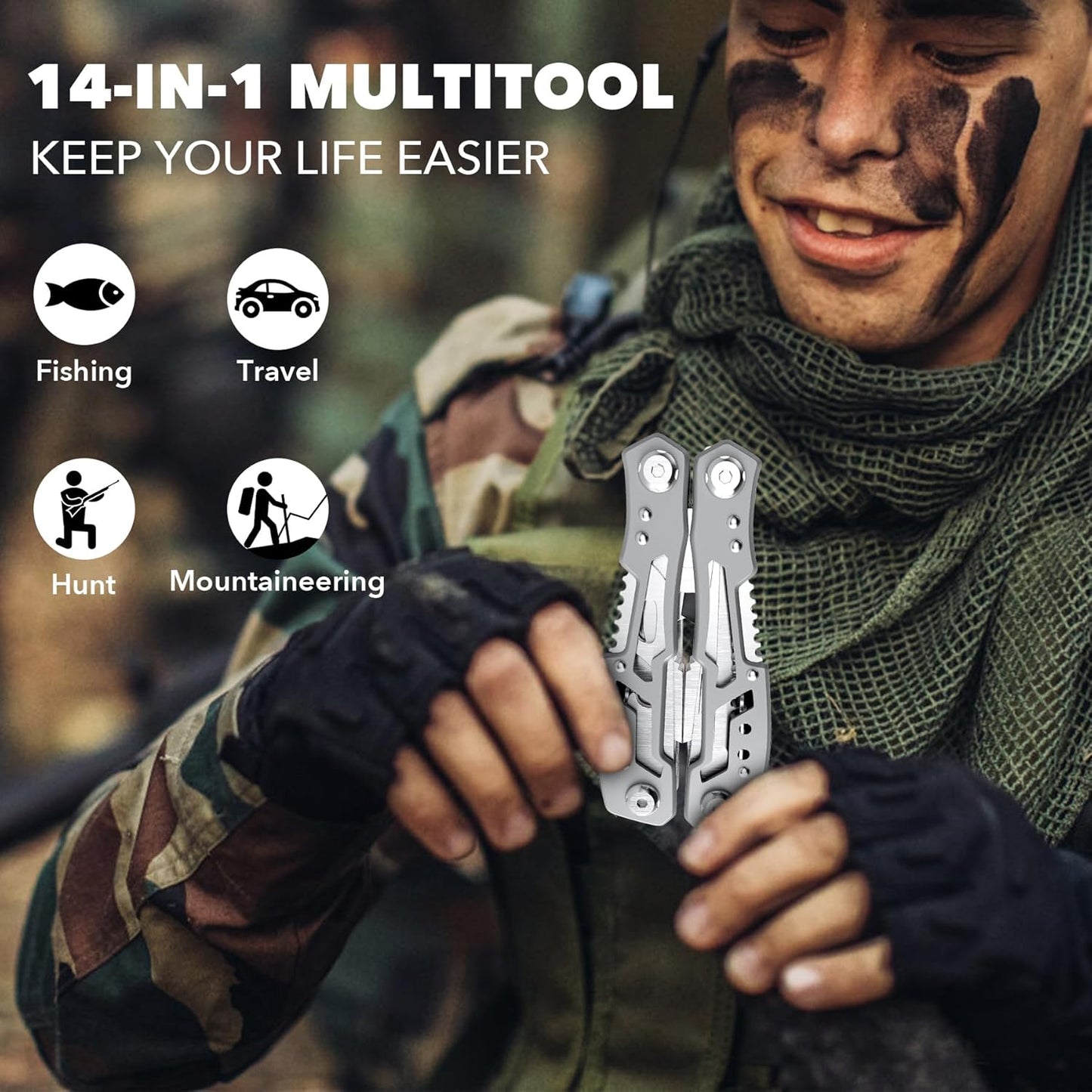14-In-1 Multitool Pliers,Premium Portable Multi Tool ,with Safety Locking Professional Stainless Steel Multitool Pliers Pocket Knife,Apply to Survival, Camping, Gifts for Dad Husband Boyfriend