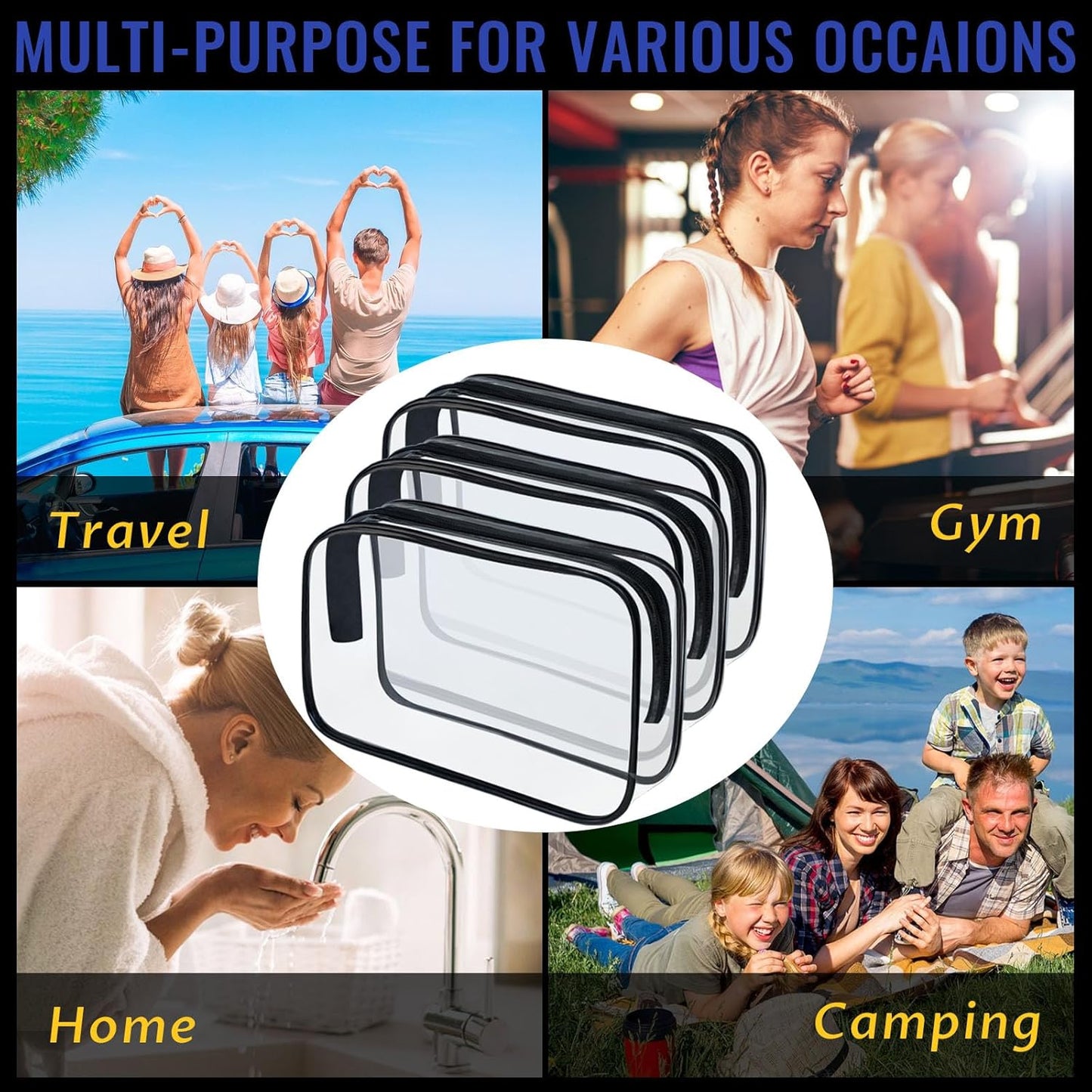 16 Pieces Clear Makeup Bags Bulk, TSA Approved Toiletry Bag for Travel, PVC Waterproof Travel Pouches Clear Pouch with Zipper for Men and Women Carry-on Travel Essentials Cosmetic Bags (Black-M)