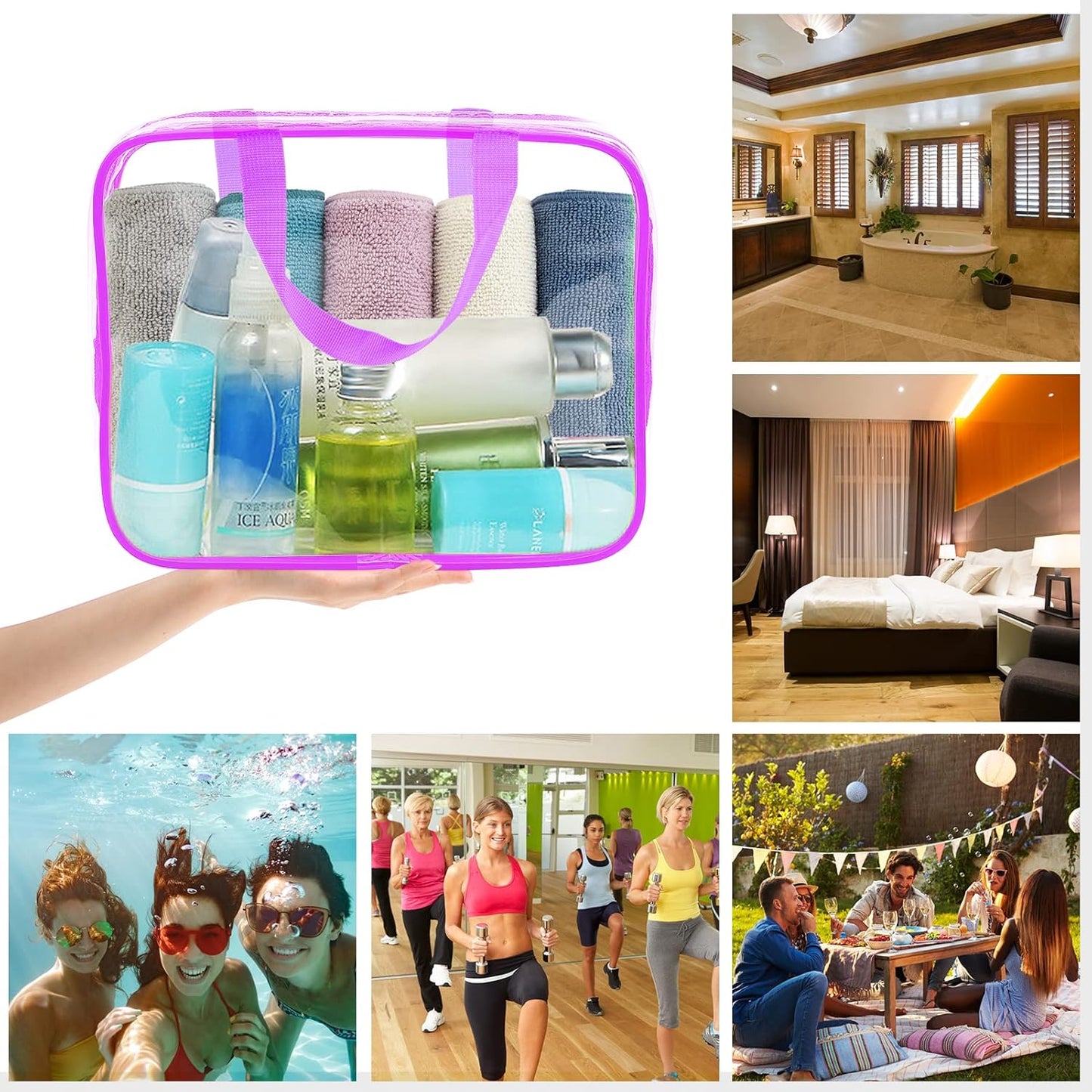 APREUTY Clear Makeup Bags, TSA Approved 6 Pcs Cosmetic Makeup Bags Set Clear PVC with Zipper Handle Portable Travel Luggage Pouch Airport Airline Vacation Organization (Purple)