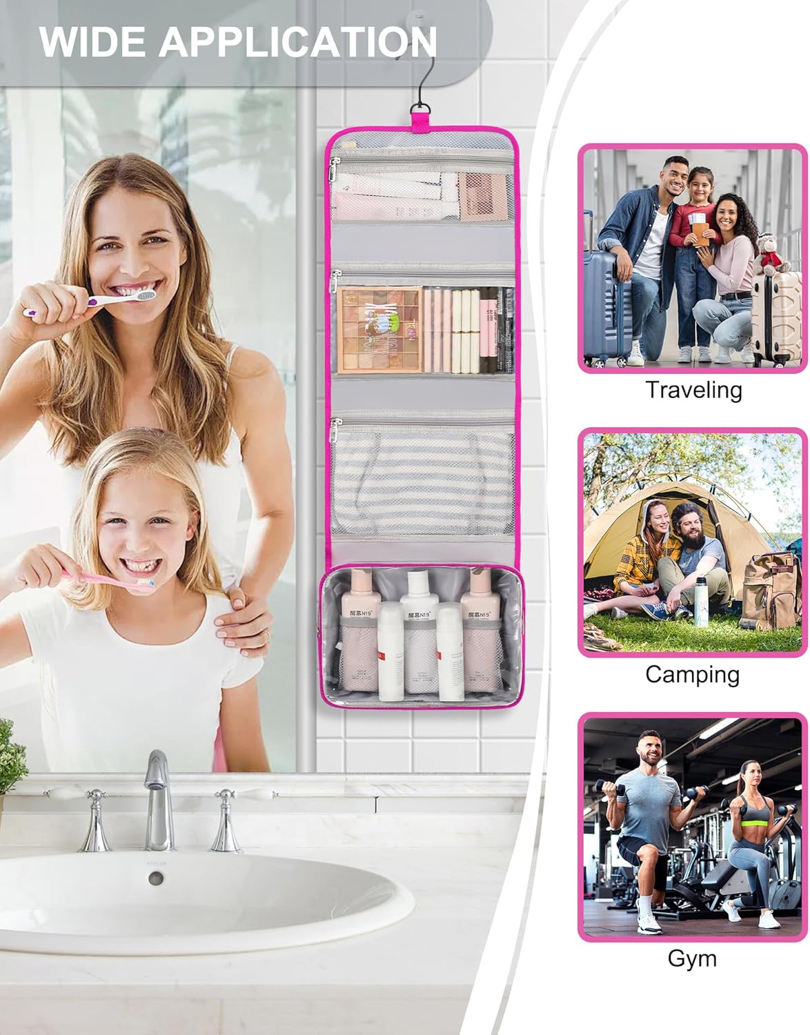 Relavel HangingTravel Toiletry Bag for Women, Large Capacity Toiletries Bag, Travel Essentials Organizer, Hanging Makeup Case for Accessories, Waterproof Bathroom Shower Bag (hot pink)