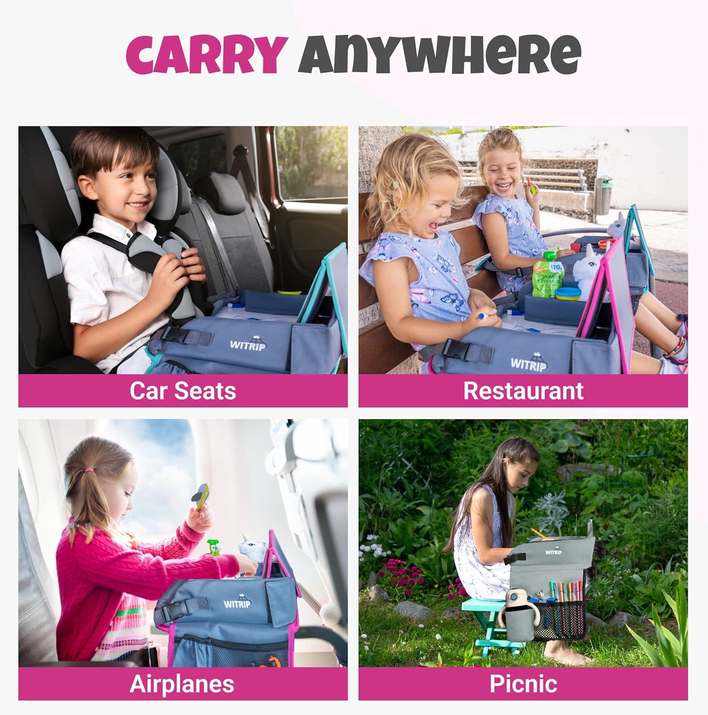 Kids Travel Tray with Dry Erase Board - Car Seat Tray for Kids Travel, Carseat Table Top for Toddler, Lap Desk for Car Seat, Activity Organizer & Snack Holder, Road Trip Essentials for Kid (Pink)