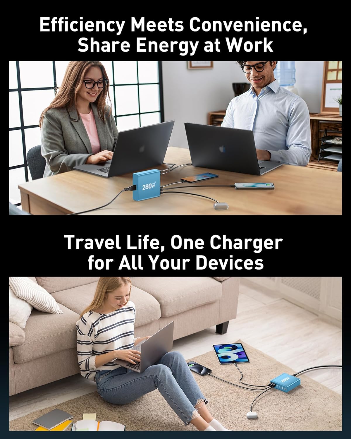 280W USB C Charger Block, 8-Port USB C Charging Station GaN III PD 65W Laptop Charger Adapter Compatible with MacBookPro/Air,DELL,iPad,Portable Charging Station for iPhone,Samsung Galaxy(Blue)