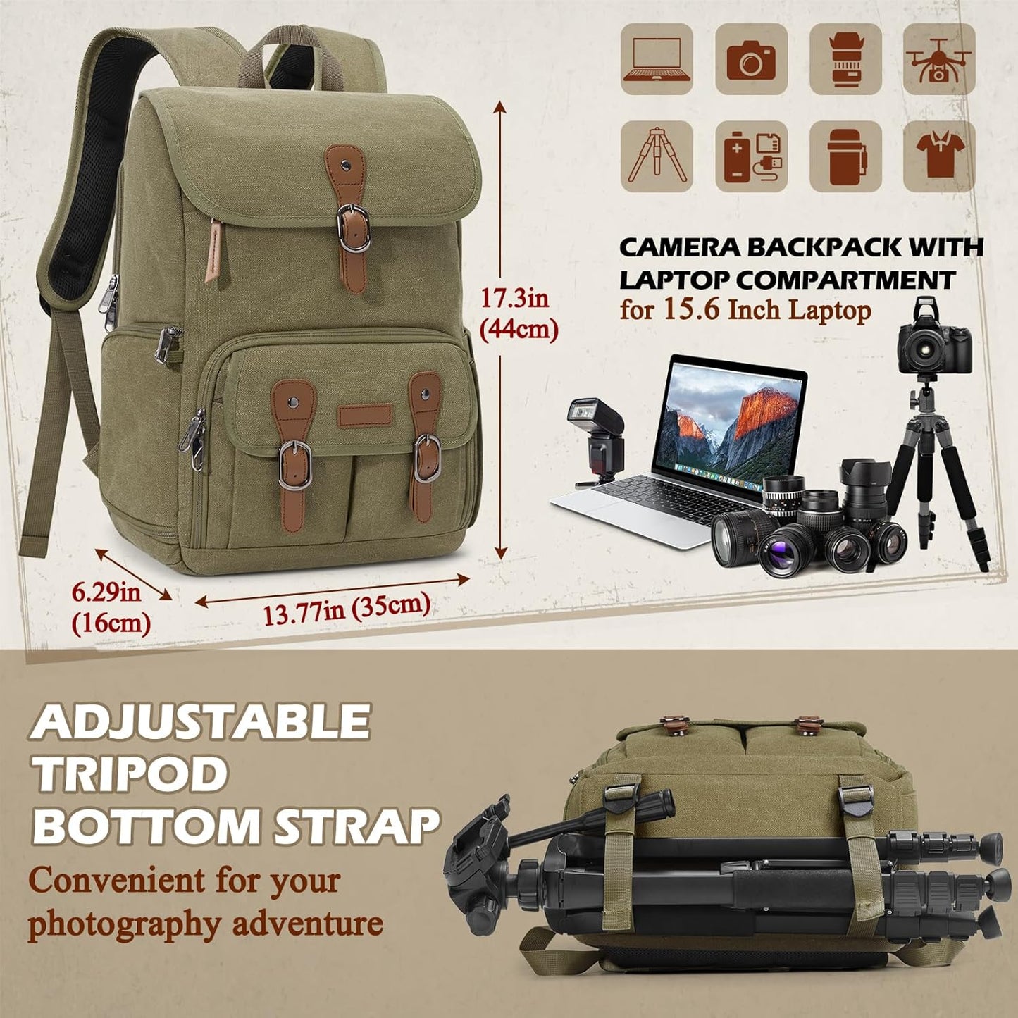 RAINSMORE Camera Bag Backpack for DSLR/SLR Mirrorless 15.6 Inch Laptop Camera Back Pack for Photographers Anti-Theft Photography Bags Case with Tripod Holder & Rain Cover, Green