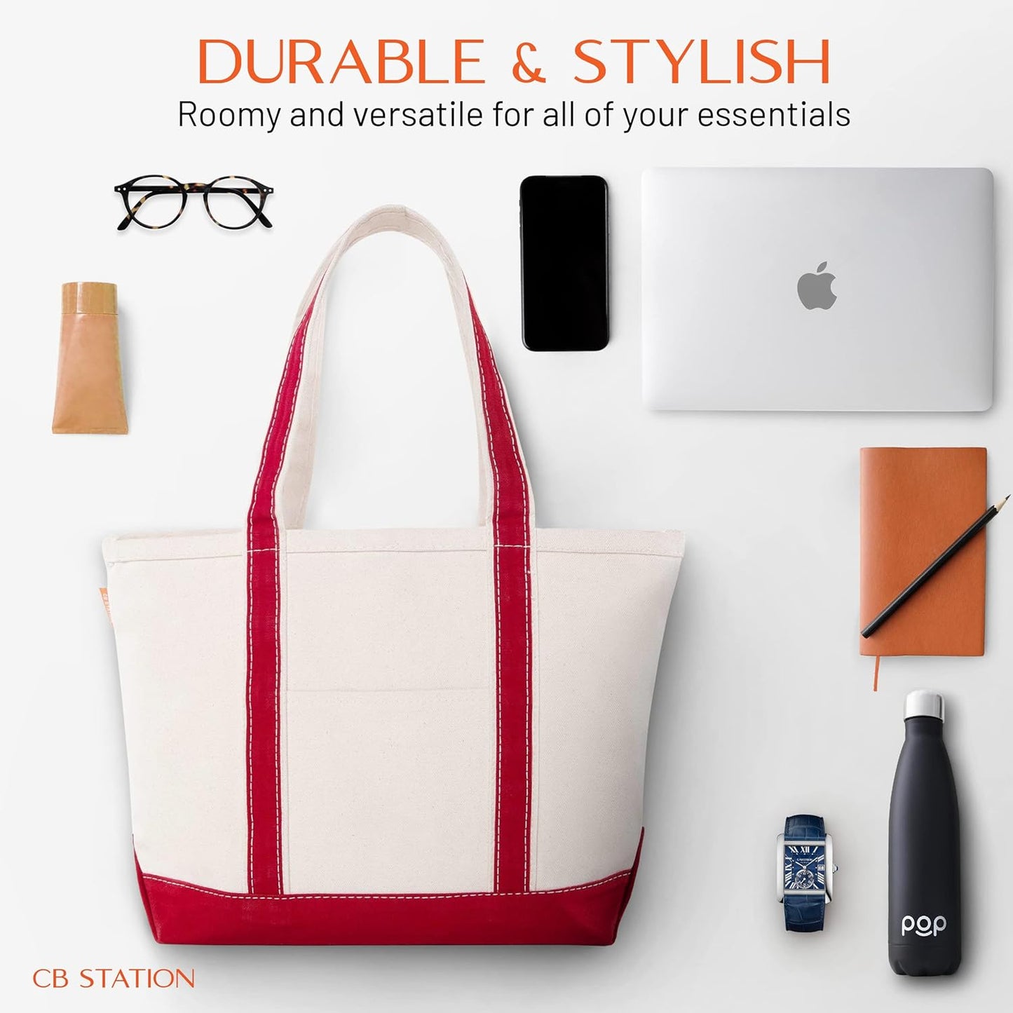 CB STATION Medium Classic Canvas Tote Bag for Women, Top Zipper Closure, Outer Pocket, Daily Essentials, Groceries, Traveling