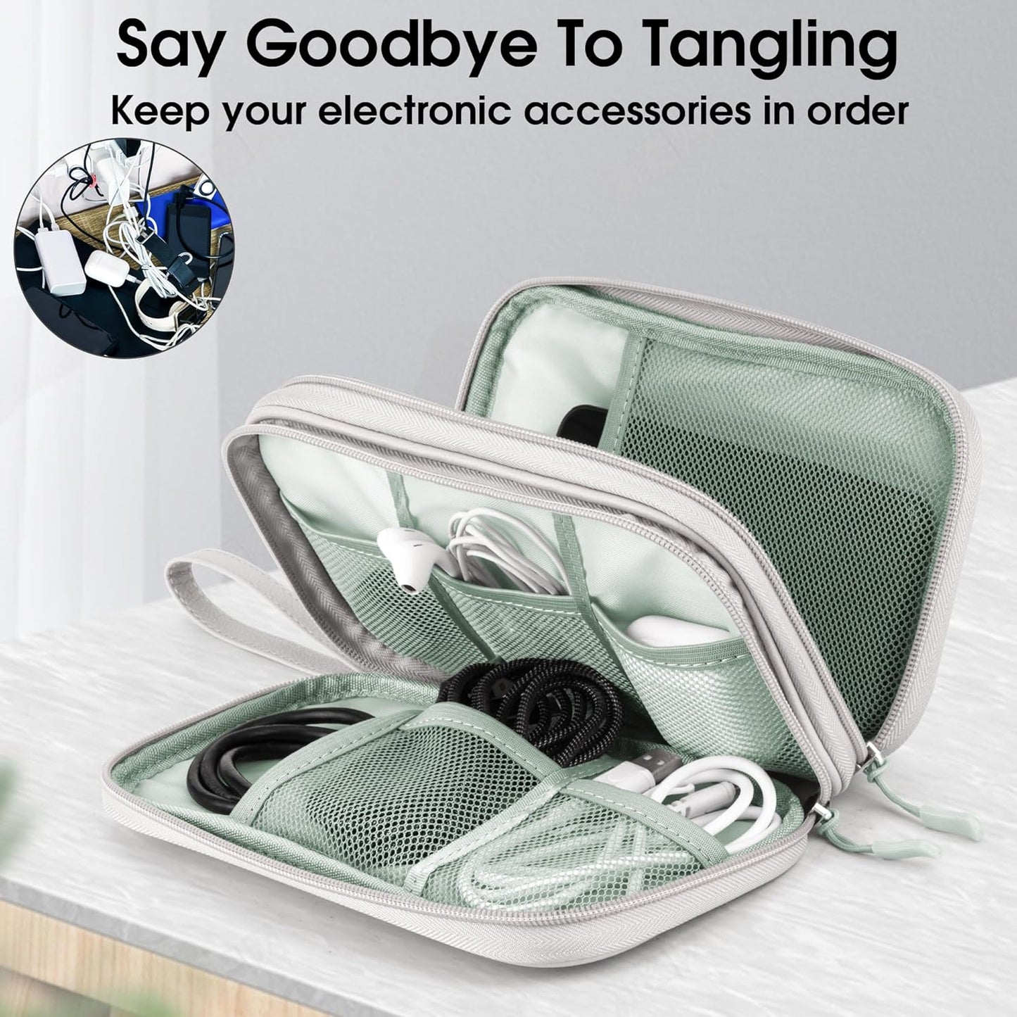 Leather Travel Electronic Organizer - Double Layer, Waterproof Case for Cables, Chargers, Phones & More - Portable, Shockproof Pouch for All Your Electronics Accessories (Grey, M)