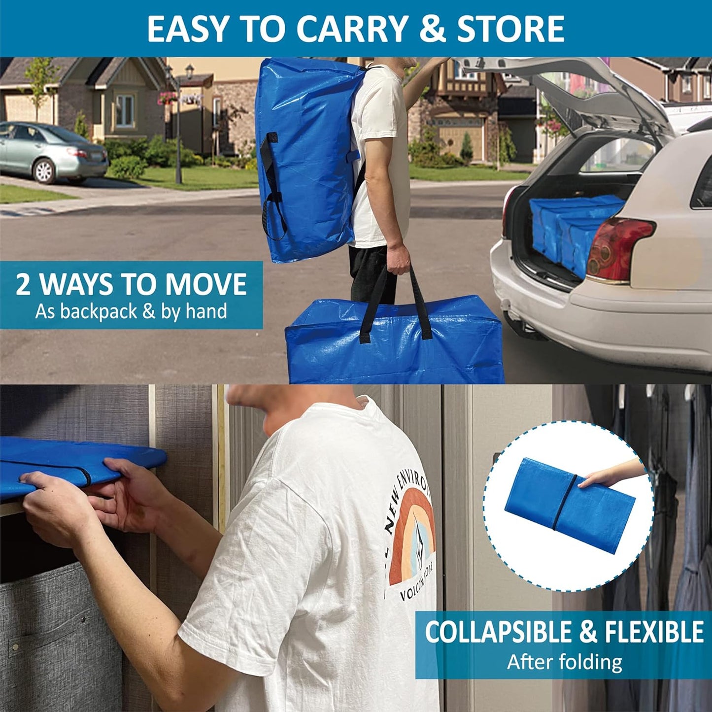20 Pack Heavy Duty Extra Large Moving Totes with Backpack Straps & Large Vacuum Storage Bags - Space Saving, Fold Flat, Includes Vacuum Bags