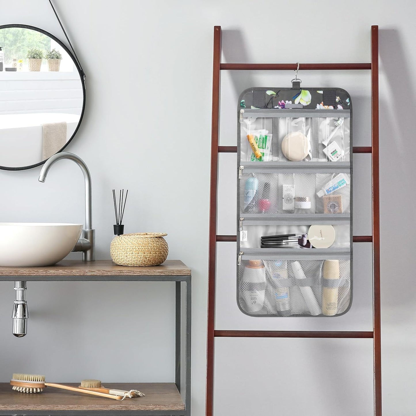 PAVILIA Hanging Toiletry Bag Women Men, Travel Kit Foldable Large Toiletries Organizer, Roll up Cosmetics Makeup Bag Accessories, Waterproof Essentials Jewelry Case (Floral Grey)