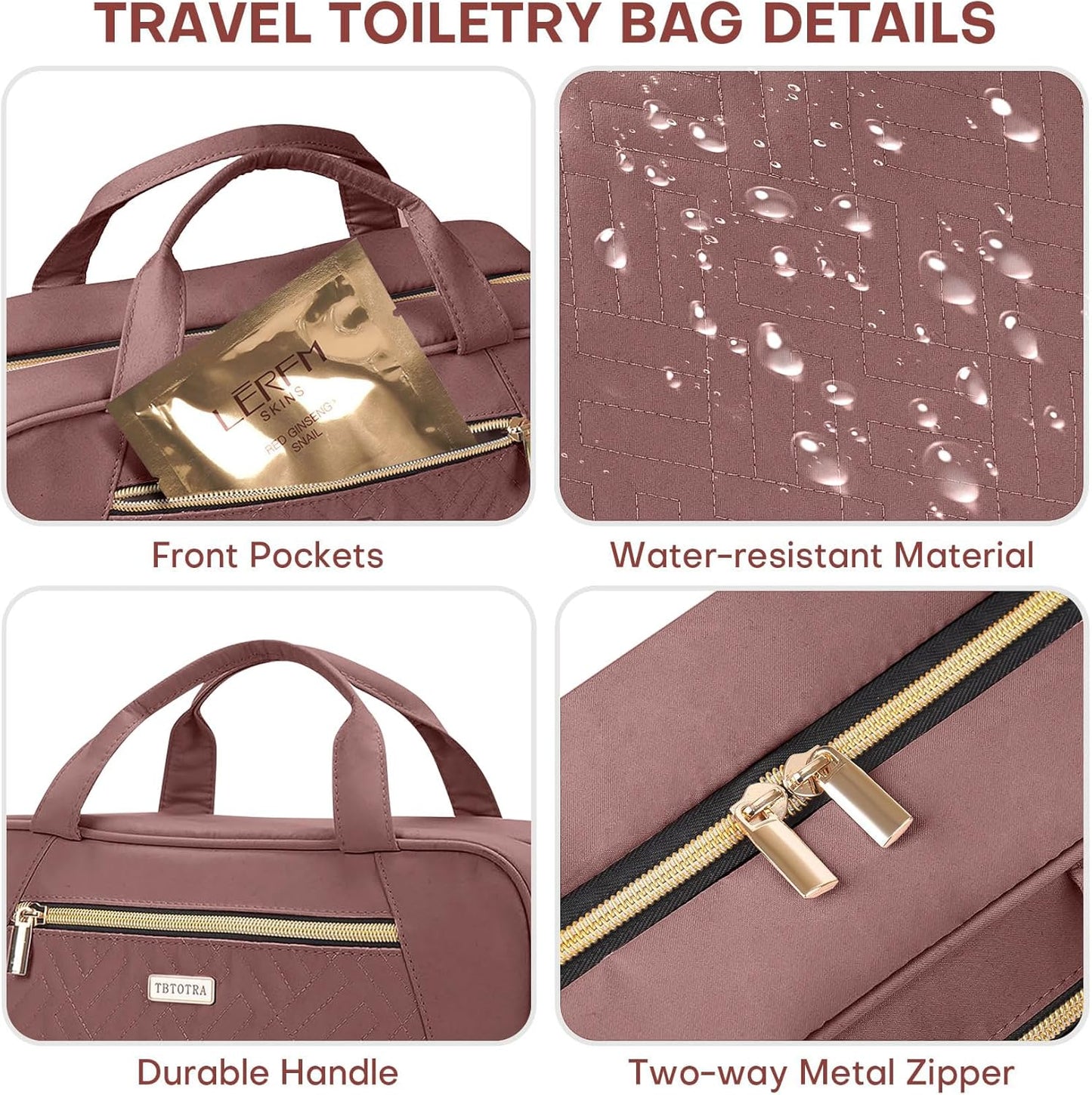 Hanging Toiletry Bag for Women Travel, 2 Sizes Large & Small Waterproof Cosmetic Organizer with 4 Compartments, Rotating Hook, Foldable Pink Travel Bag for Toiletries & Makeup Red Sandalwood