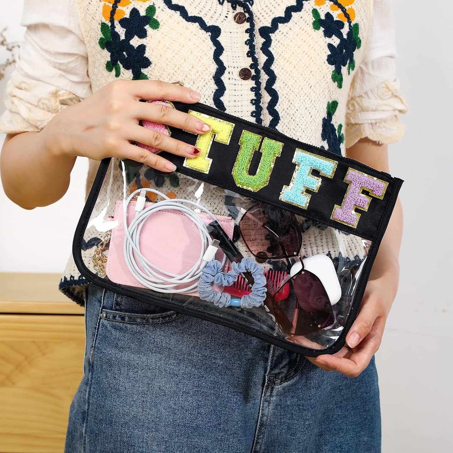 DYSHAYEN Chenille Letter Clear Zipper Pouch for Travel,Nylon Clear Cosmetic Bag,Makeup Travel Bag for Women Girls 11.8 Inches x 8.2 Inches