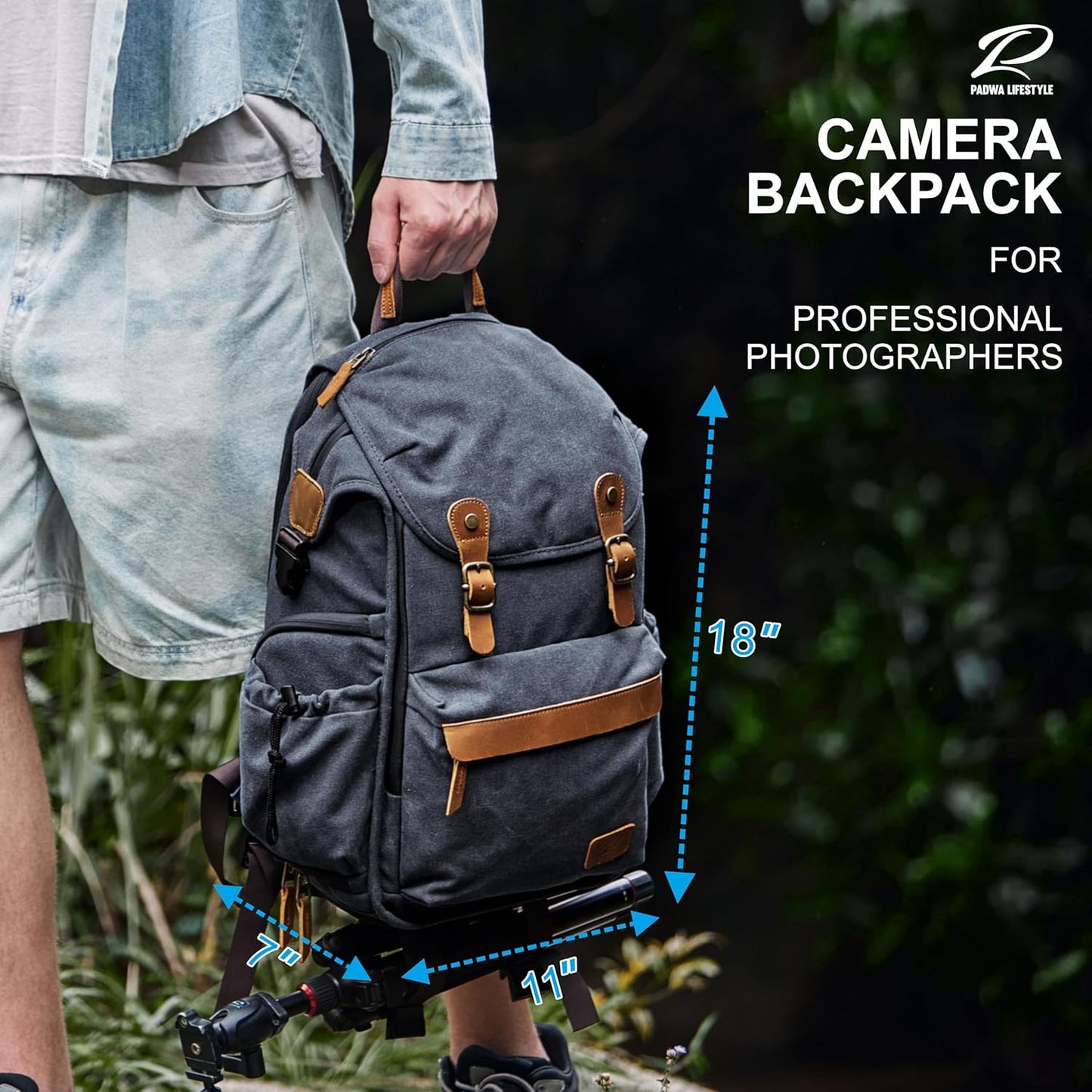 Padwa Lifestyle Black Camera Backpack - Professional DSLR & UAV Camera Bag,Anti Theft Canvas Camera Backpack with Rain Cover,Large Capacity Photography Travel Camera Bag with Multi Compartments