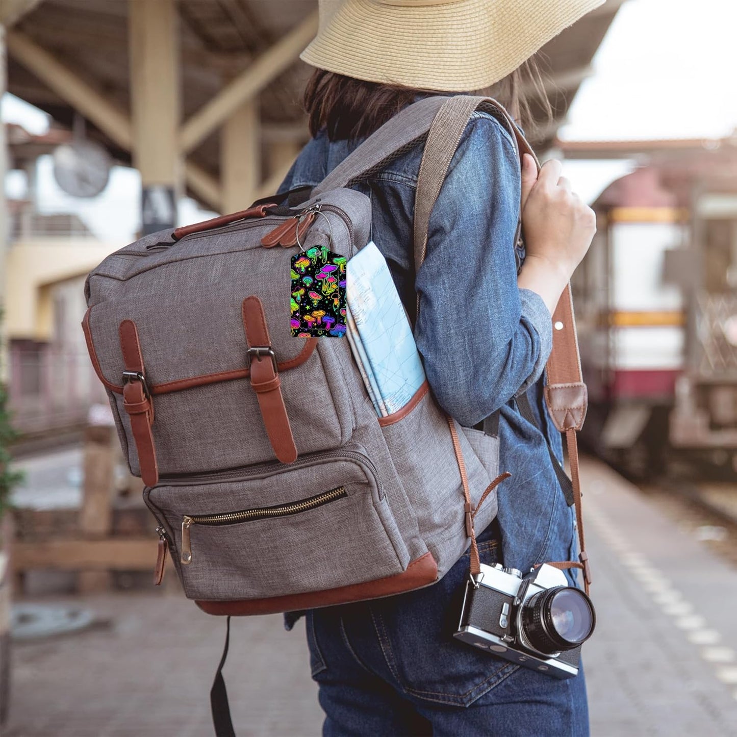 2 Pack Colorful Mushrooms Luggage Tags for Suitcases,Bright Mushrooms Leather Baggage Suitcases Tag Name ID Label Privacy Cover Travel Bag Tags for Women Men Boys Girls