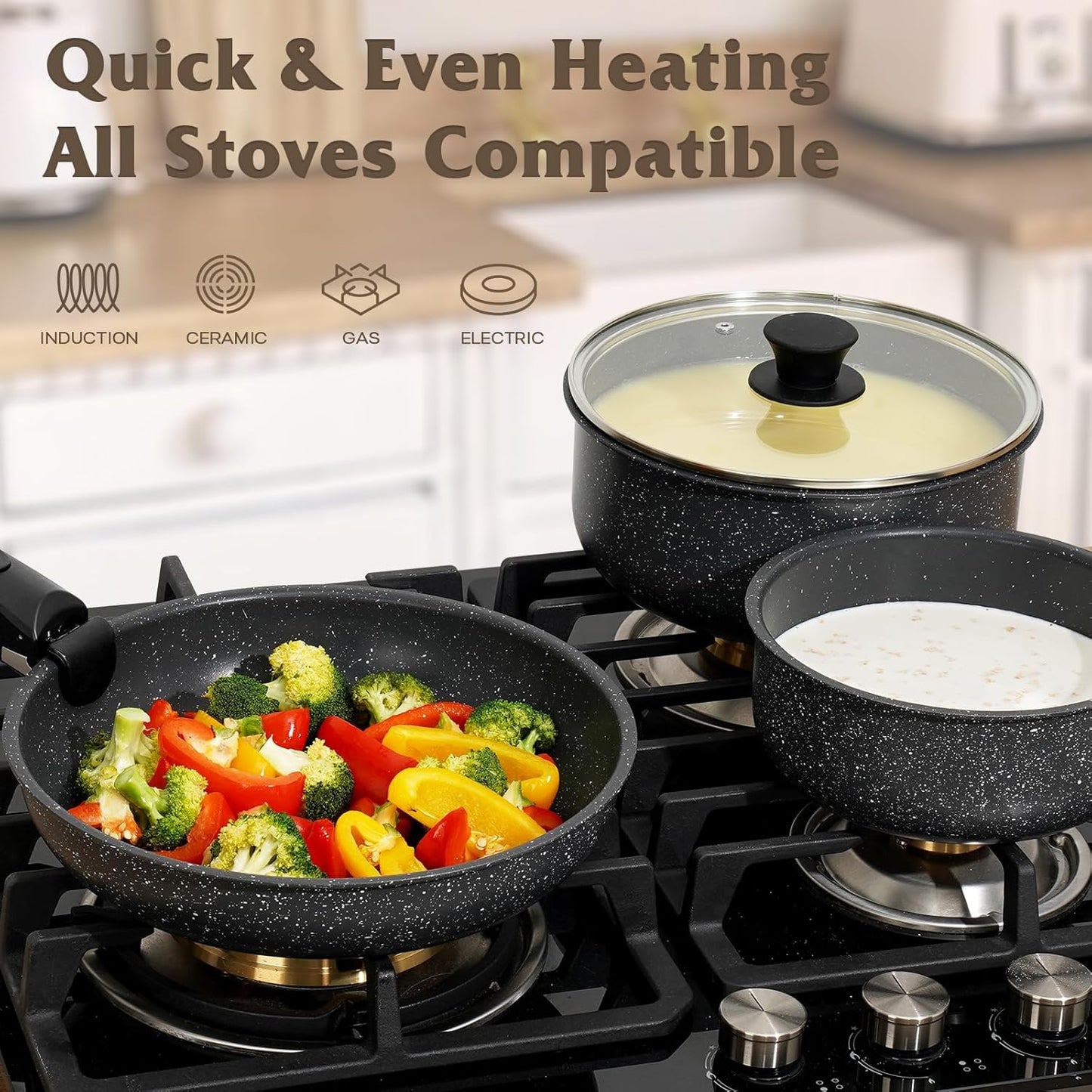 17 Pcs Pots and Pans Set Non Stick, Cookware Sets with Detachable Handle, Nonstick RV Kitchen Cooking Tools Removable Handles, Oven Safe, Induction Fast, Stackable Induction Cookware, Black