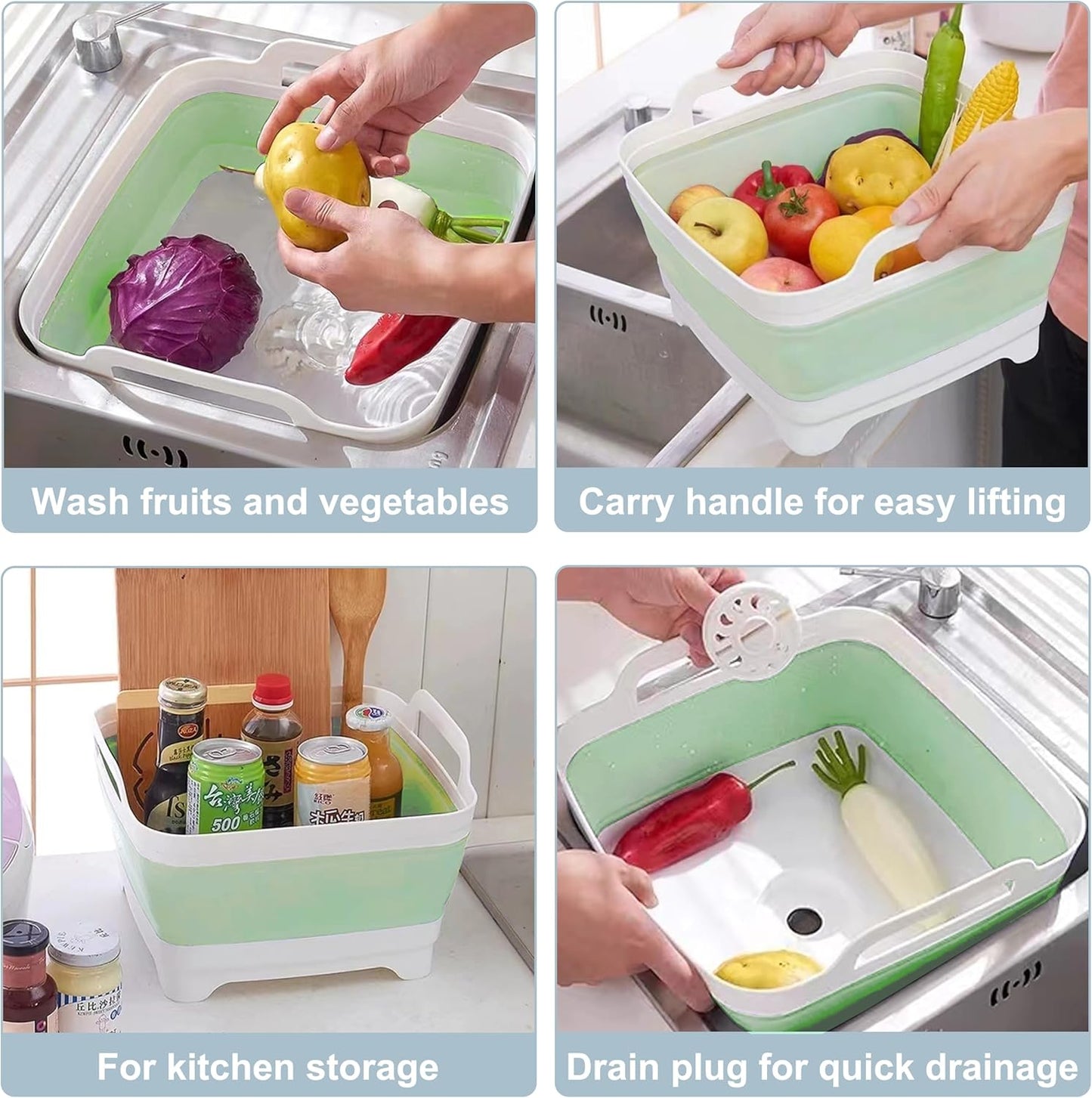 2.4 Gal(9L) Collapsible Dish Basin with Drain Plug - Multiuse Foldable Wash Basin for Baby Bottles, Space-Saving Multiuse Dish Tub, Kitchen Sink for Camping, Dishes Washing, RV (Green)