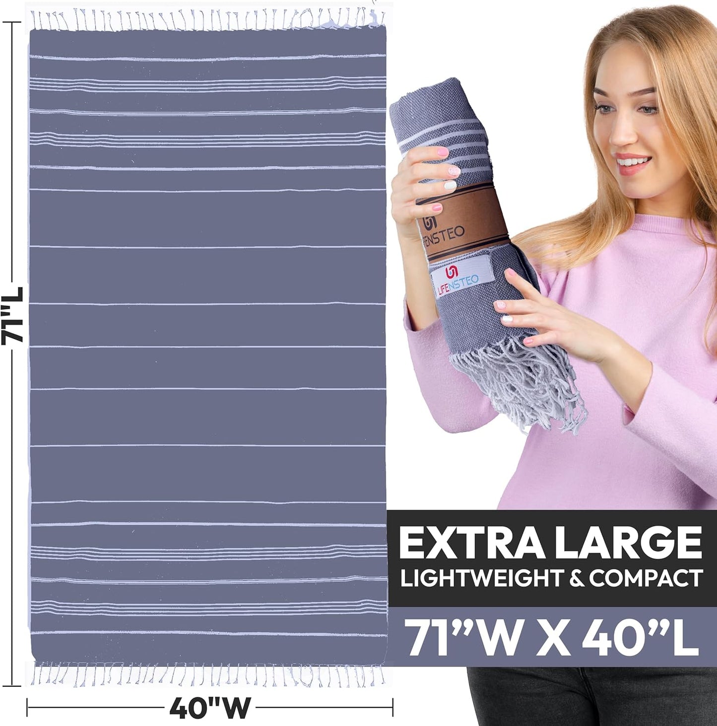 Turkish Beach Towel - 40x71 Inch Oversized Sand Resistant Prewashed Cotton Towel - Quick Drying, Compact, Lightweight for Beach, Bath, Pool, Gym, Yoga