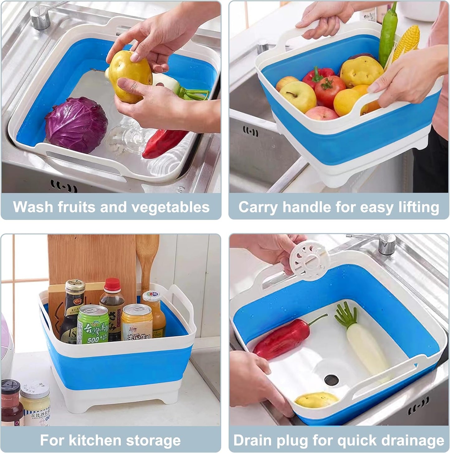 2.4 Gal(9L) Collapsible Dish Basin with Drain Plug - Collapsible Wash Basin for Baby Bottles, Space-Saving Camping Sink for Dishes Washing (Blue)