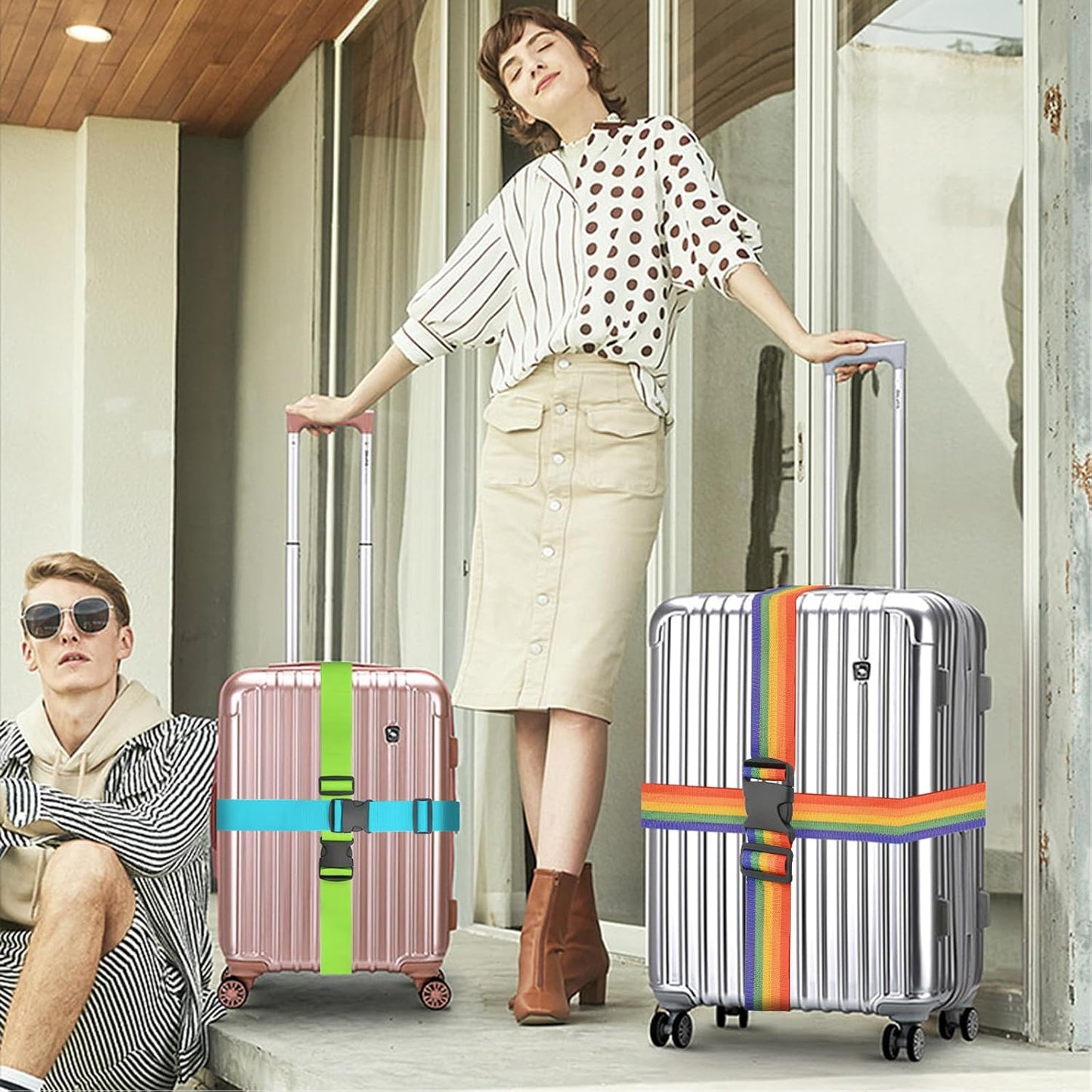 BILIONE Luggage Straps, 79" Long Belts Keep Suitcase Secure While Traveling, TSA Approved Add a Bag Premium Accessory for Travel Bag Closure (Pink, 4Pcs)