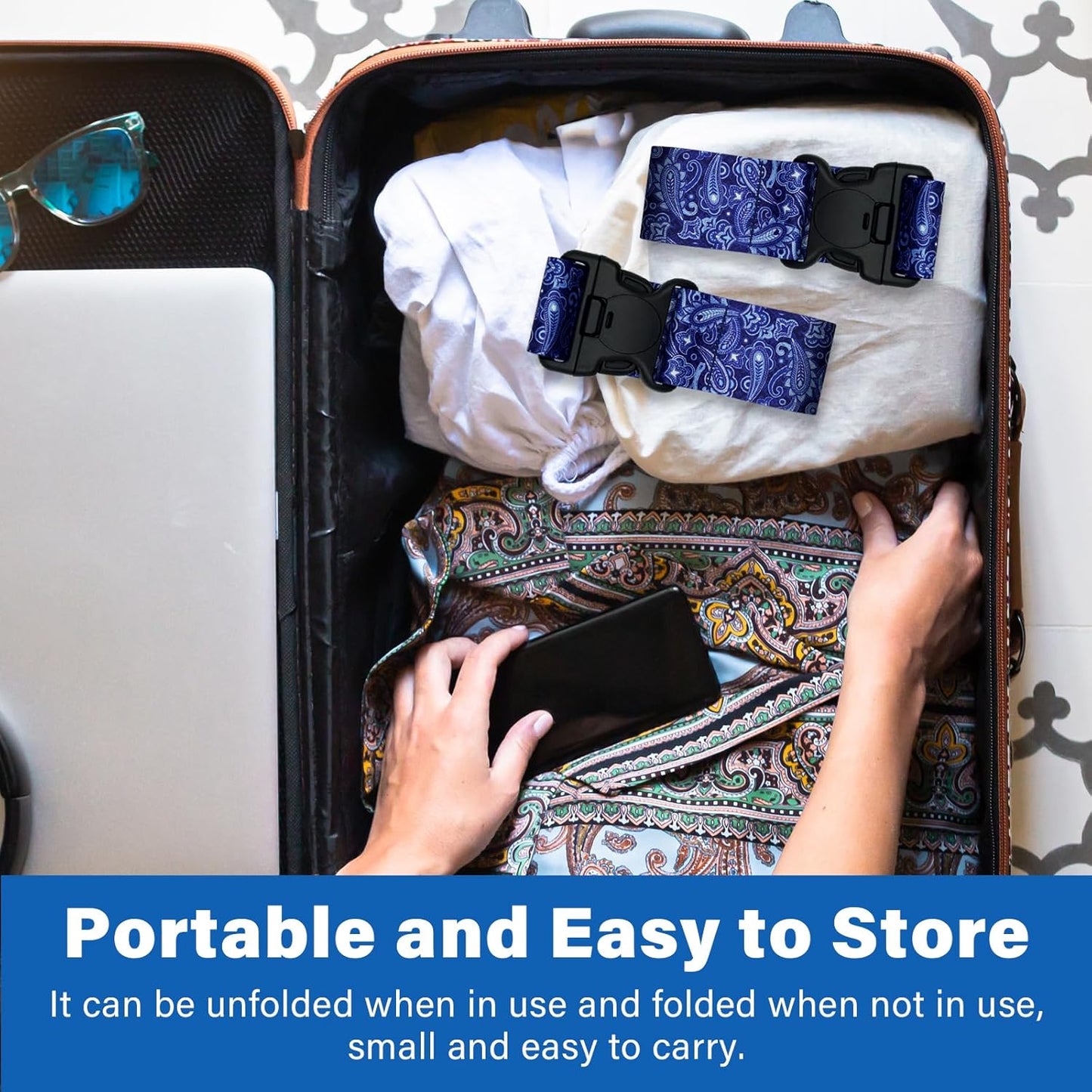 2 Pack Luggage Straps for Suitcases, Adjustable Travel Belt with Double Lock and Quick Release Buckle, Heavy Duty Nylon Bag Packing Strap, Bright Identifiers Business Travel Accessories-Blue Flowers