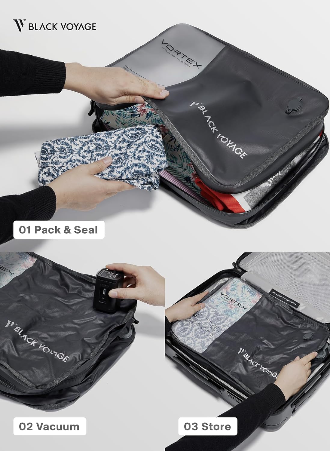 Black Voyage Reusable Vacuum Compression Travel Bag for Carry-On Suitcase and Backpack, Recycled IP67 Waterproof Space Saver Vacpack (2-Pack, 21L - Pump Included)