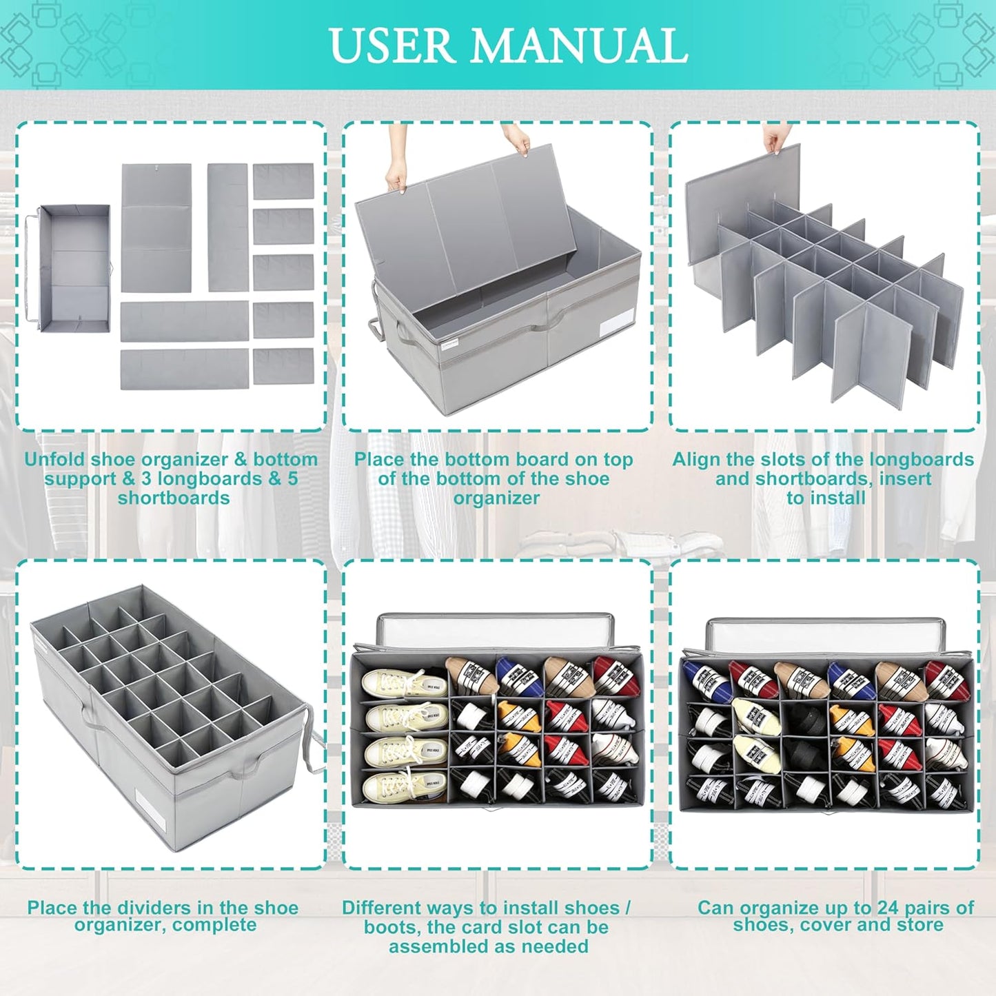 LUVHOMEE Shoe Organizer for Closet, Fits 24 Pairs, Large Shoe Box Storage Containers, Clear Foldable Shoe Storage Bins w/Bottom Support, Space Saving Closet Shoes Holder w/Reinforced Handles, Gray