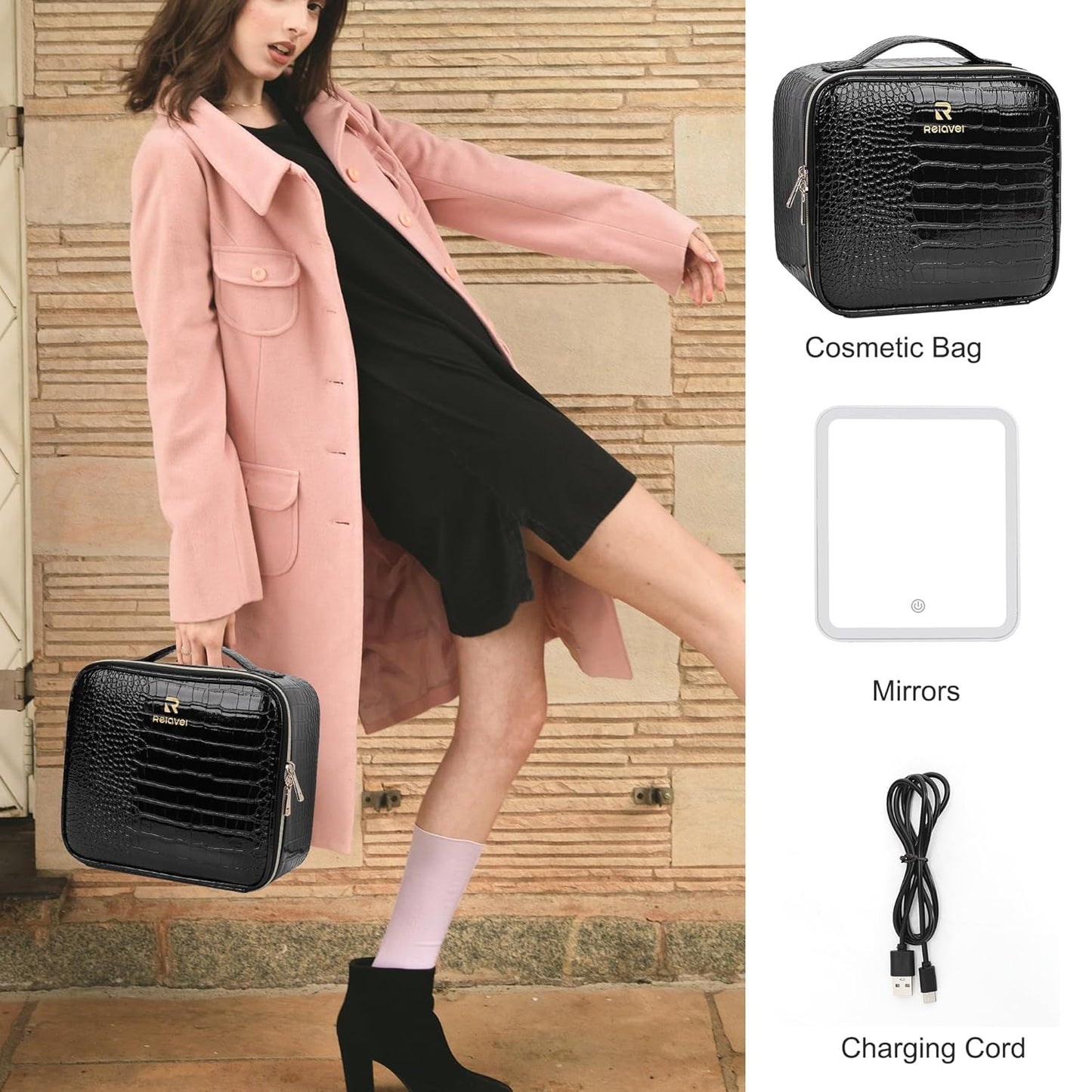 Relavel Makeup Train Case With LED Mirror, Professional Travel Cosmetic Bag with Removable Partitions,Compact Makeup Organizer, Waterproof Toiletry Case for Women, Black