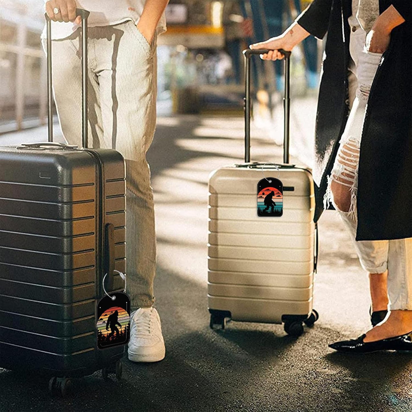 2 Pack PU Luggage Tags for Suitcase, Sasquatch Sunset Suitcase Tag Leather ID Label Bag Tags with Privacy Cover and Metal Loop for Men Women Travel Bag