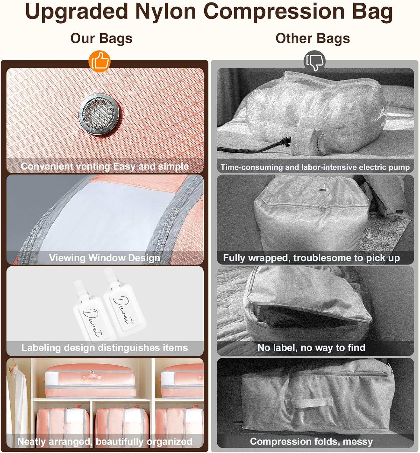 2 Pack Compression Storage Bags - 110L Large Capacity Comforter Storage Bag, 3-Layer Washable Ultra Space Saving Self Compression Organizer Space Bags for Blankets, Sweaters, Sheets, Pink